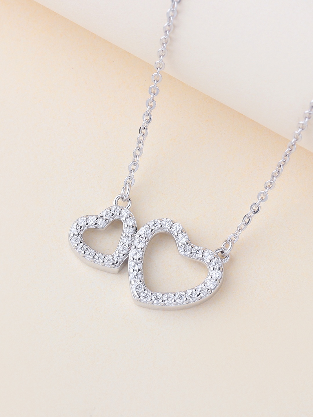 

Ornate Jewels 925 Sterling Silver American Diamond Double Heart Necklace