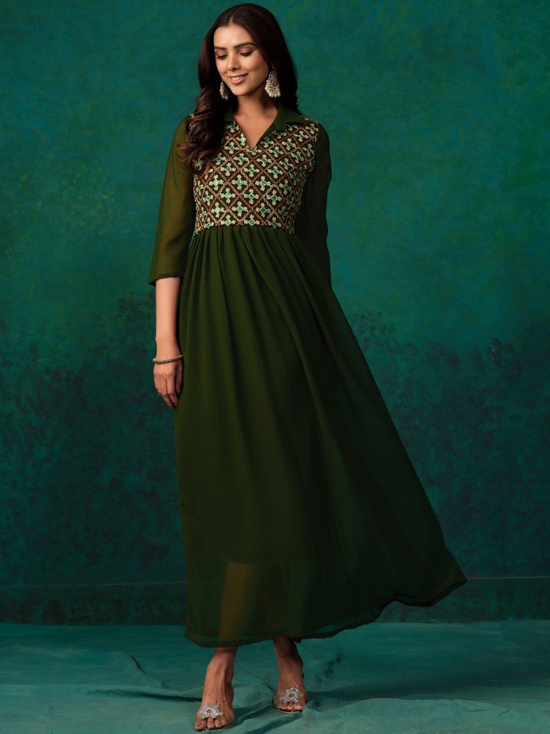 

Sangria Green Ethnic Motifs Embroidered Shirt Collar Anarkali Kurta