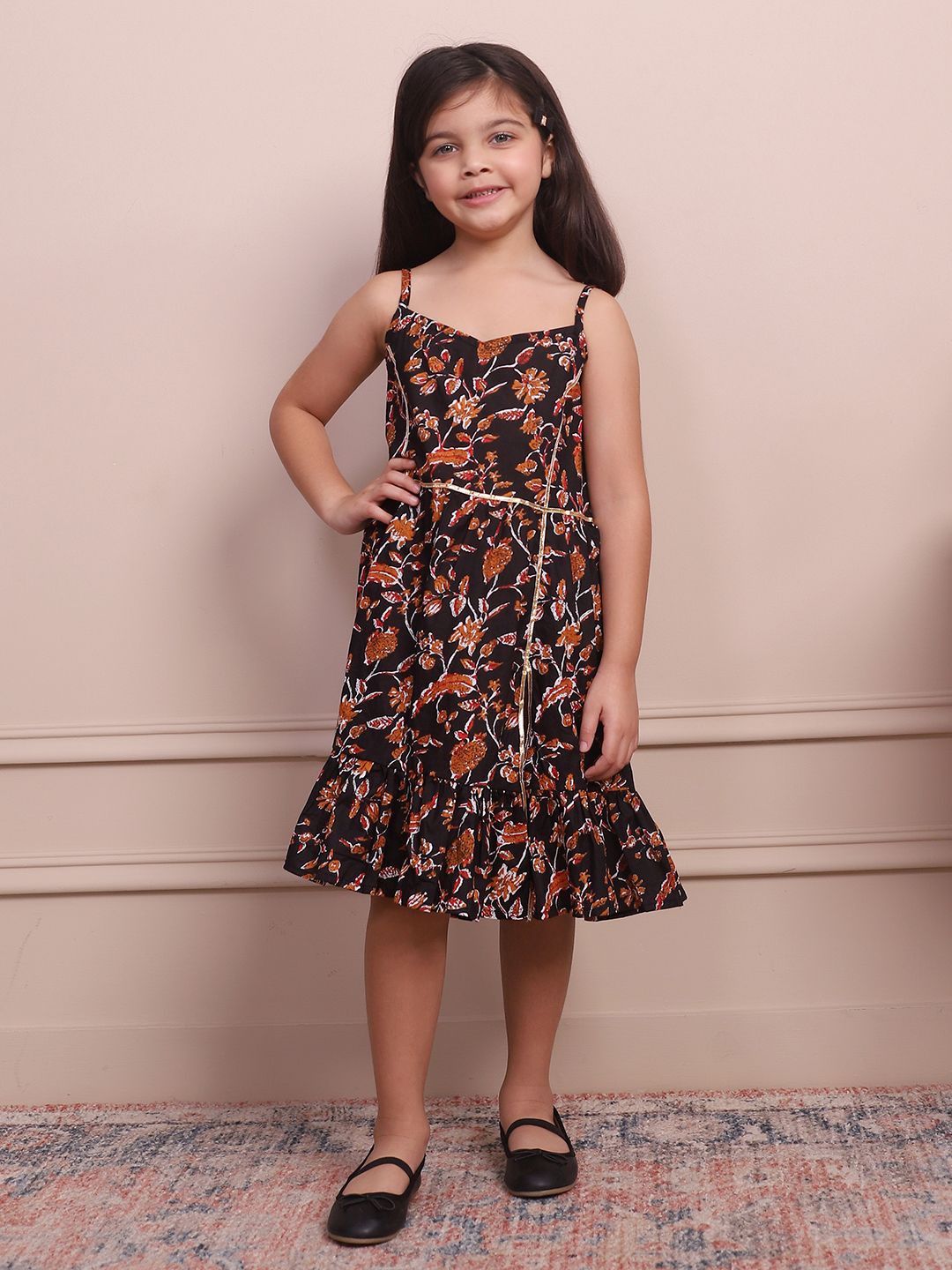 

INCLUD Girls Floral Print A-Line Dress, Black