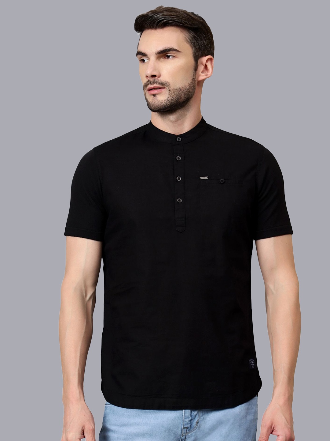 

Cantabil Band Collar Pure Cotton Straight Kurta, Black