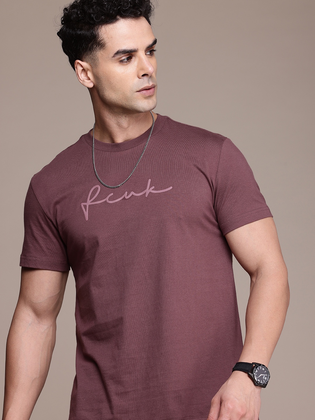 

FCUK Men Brand Logo Printed Pure Cotton Bio Finish T-shirt, Mauve