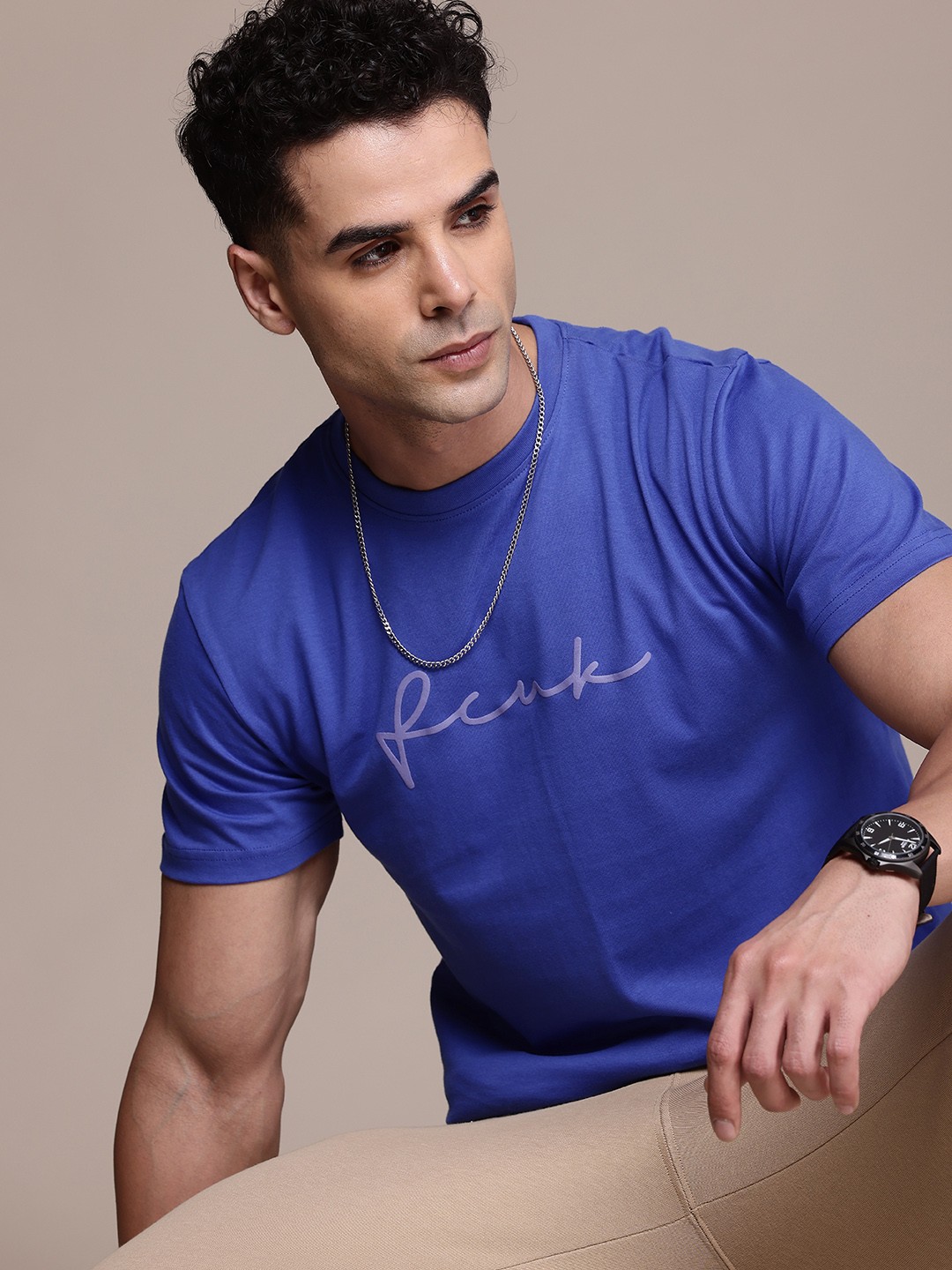 

FCUK Men Brand Logo Printed Pure Cotton Bio Finish T-shirt, Blue