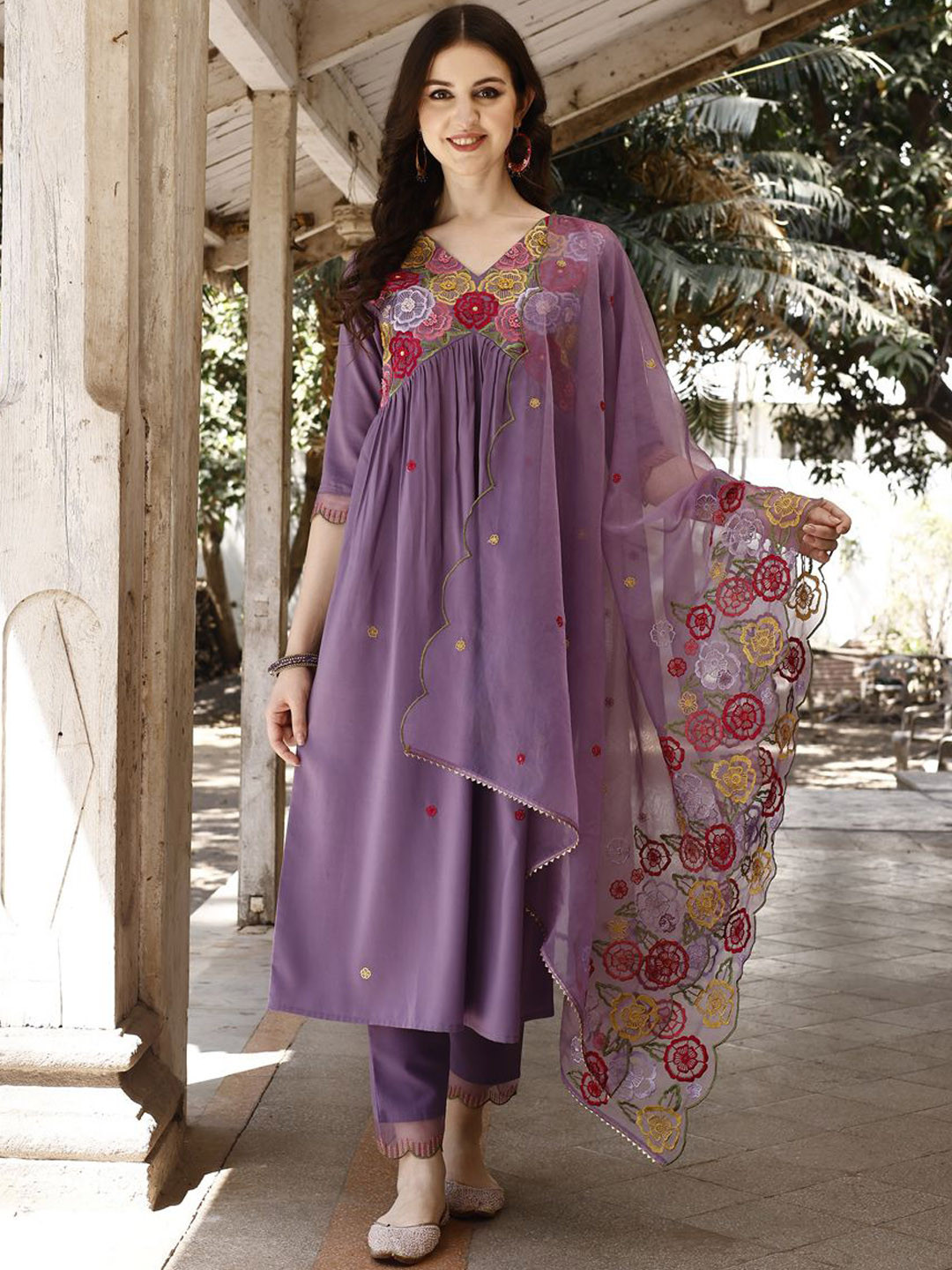 

KALINI Floral Embroidered Thread Work Chanderi Cotton Kurta with Trousers & Dupatta, Lavender