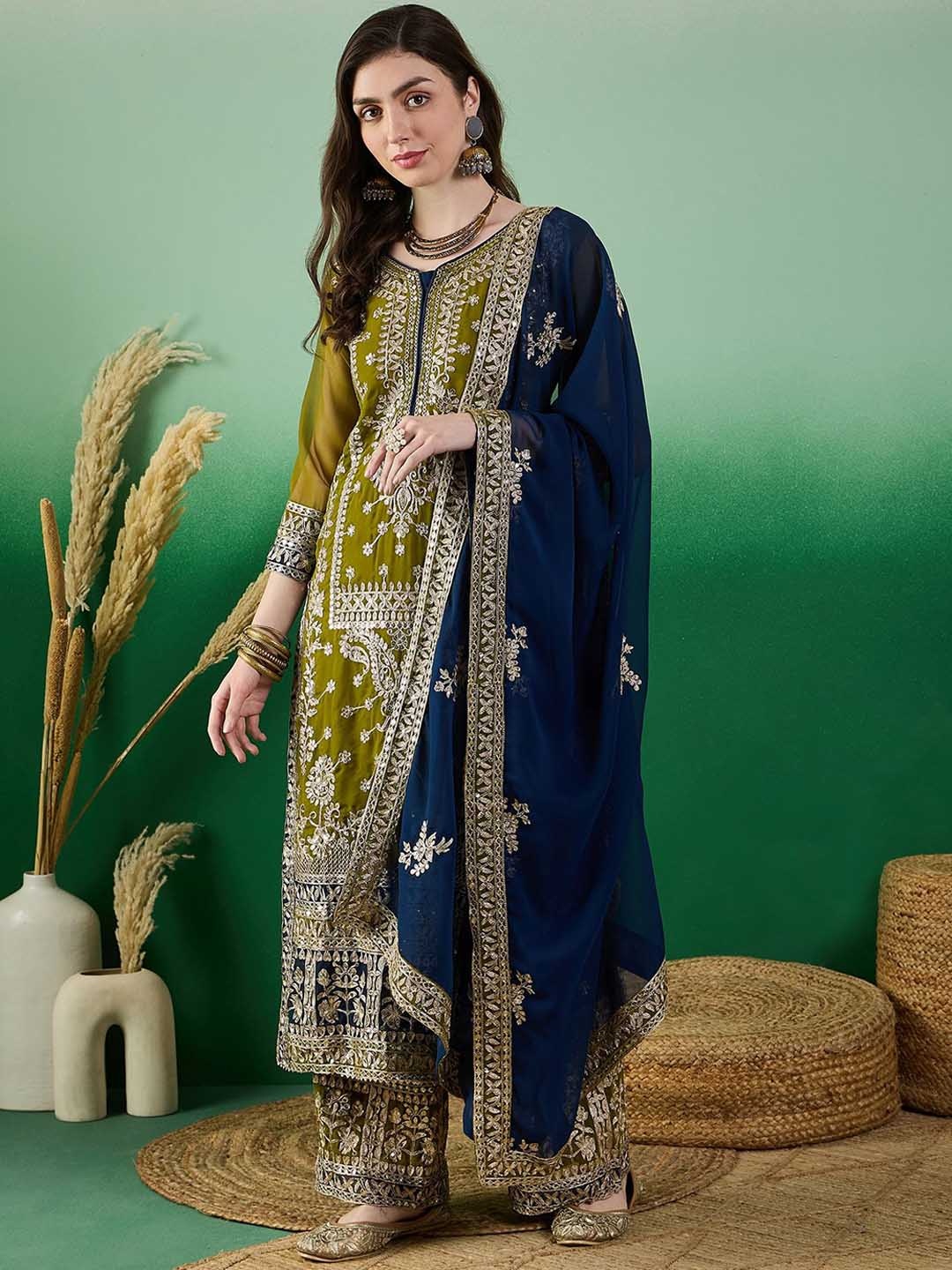 

SERONA FABRICS Floral Embroidered Sequinned Straight Kurta With Palazzos & Dupatta, Olive