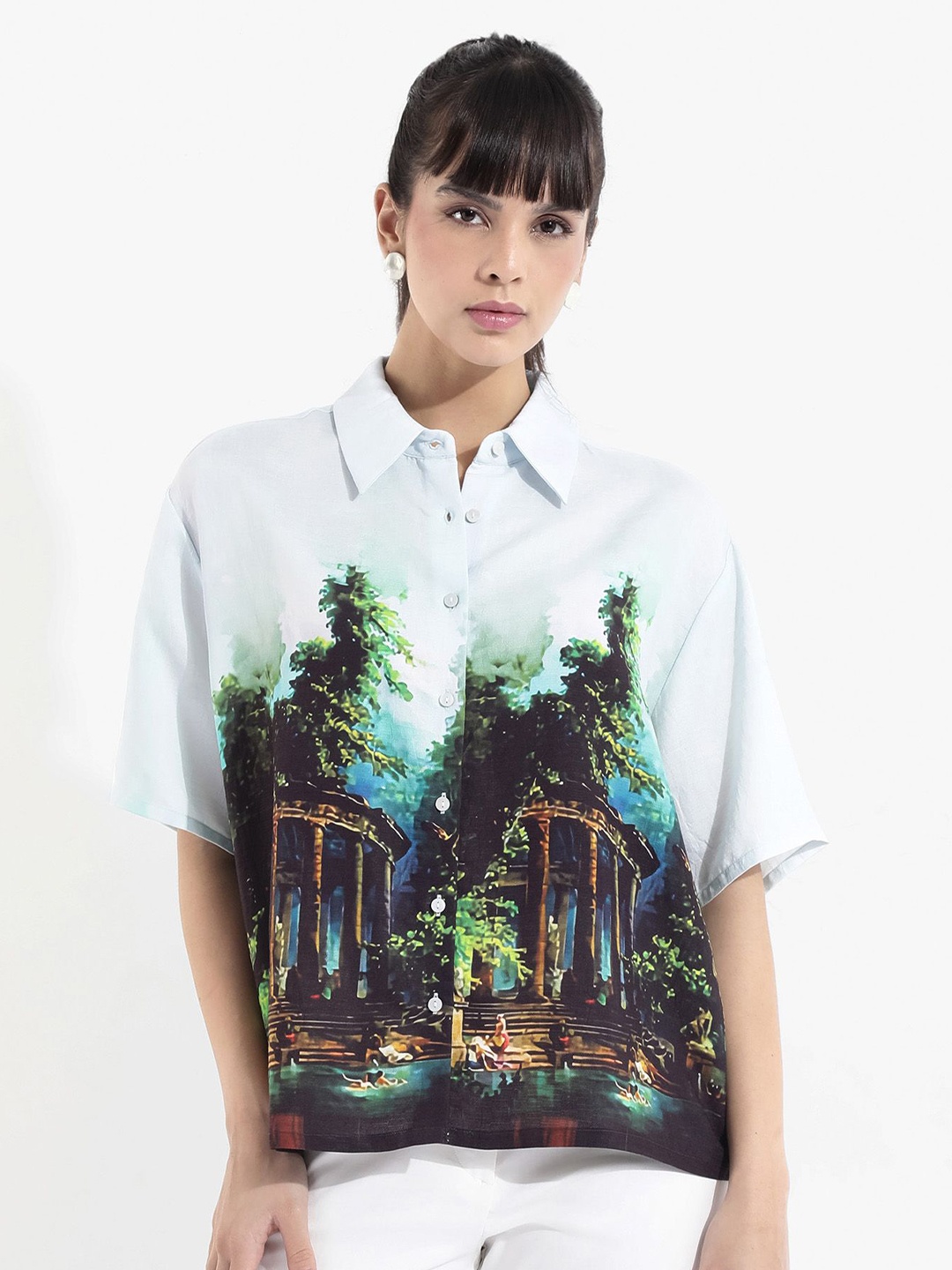 

RAREISM Graphic Printed Shirt Style Top, White