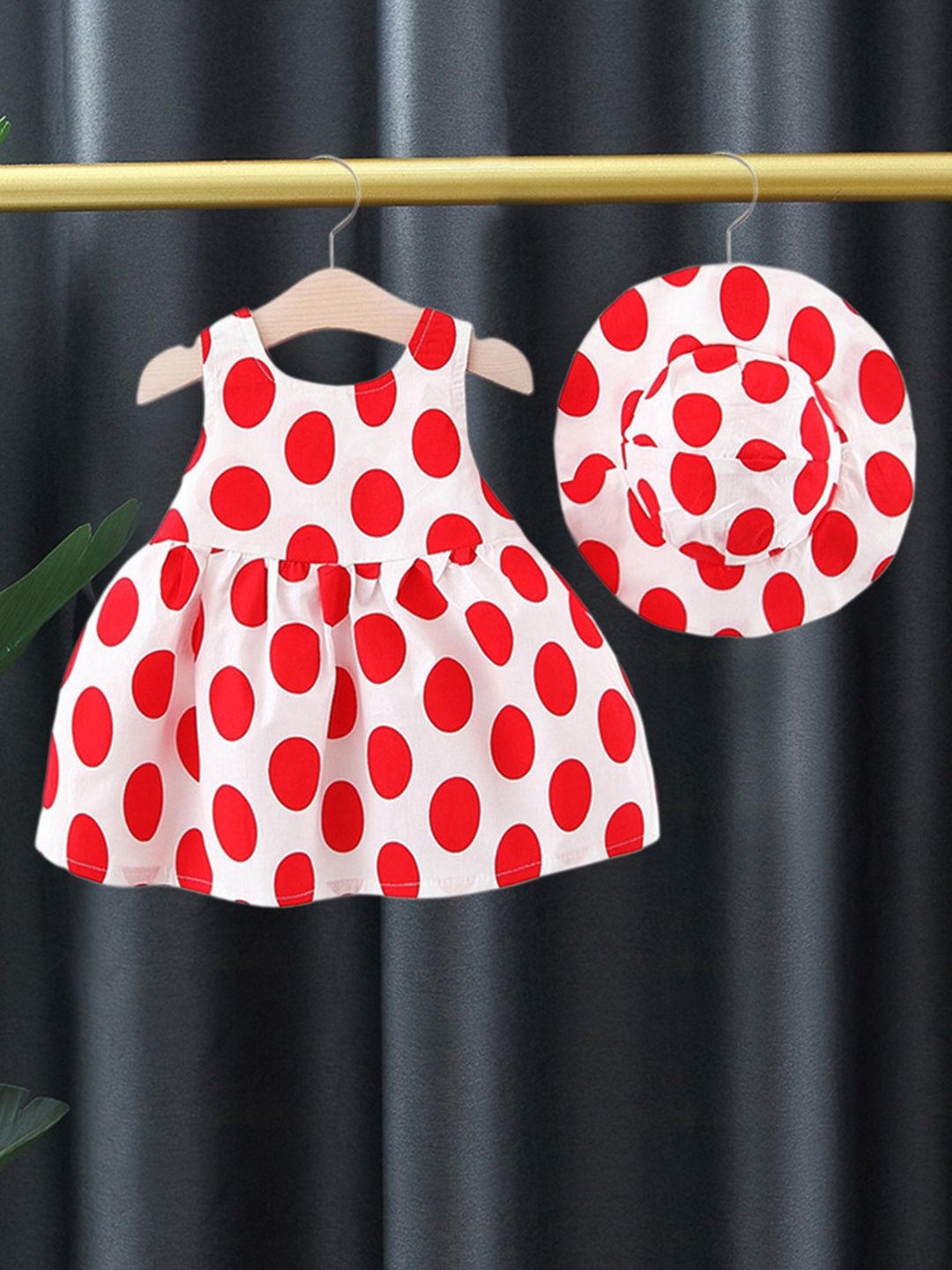 

INCLUD Girls Polka Dot Print Fit & Flare Dress with Hat, Pink