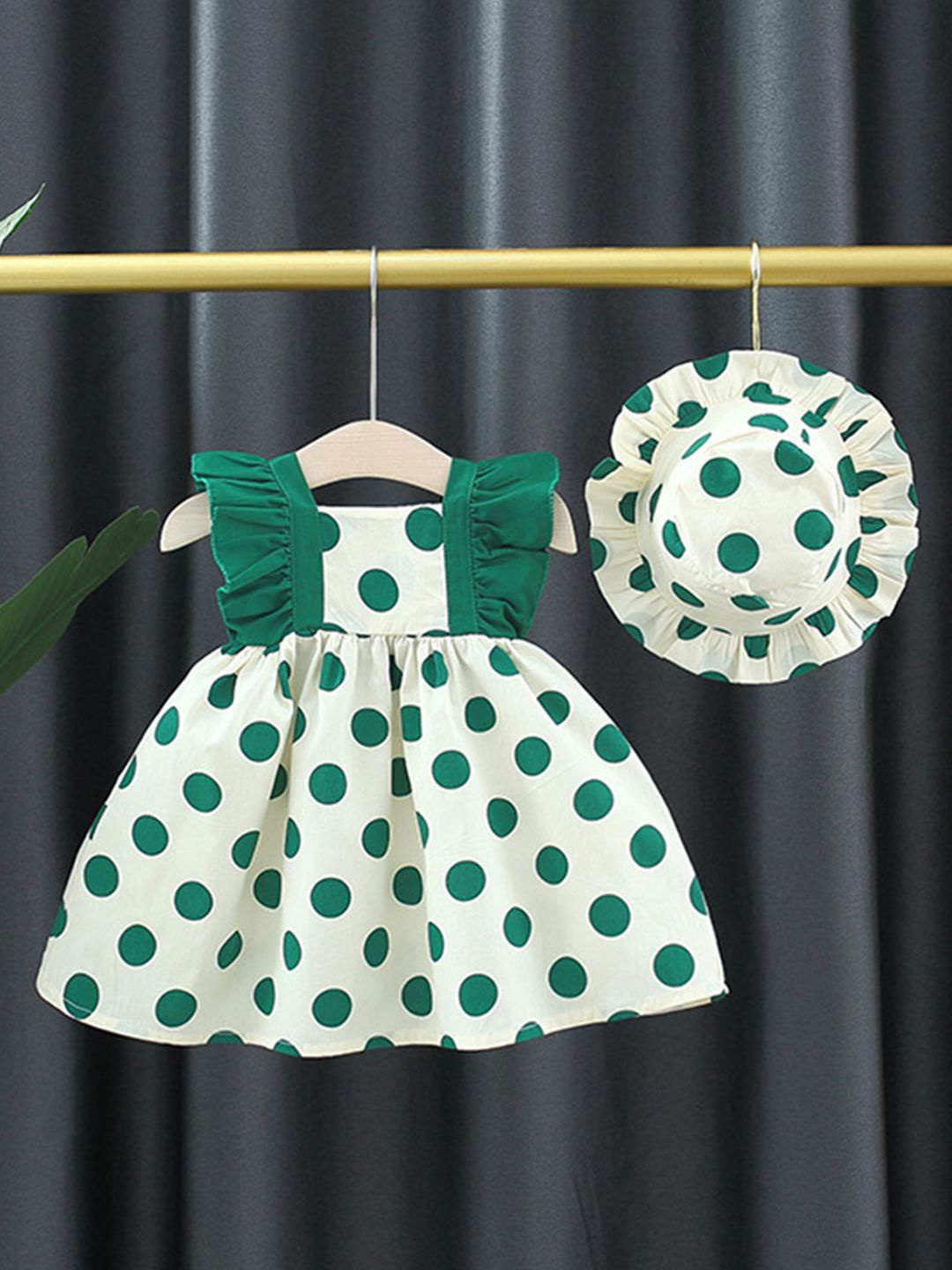 

INCLUD Girls Polka Dot Print Fit & Flare Dress With a Hat., Green