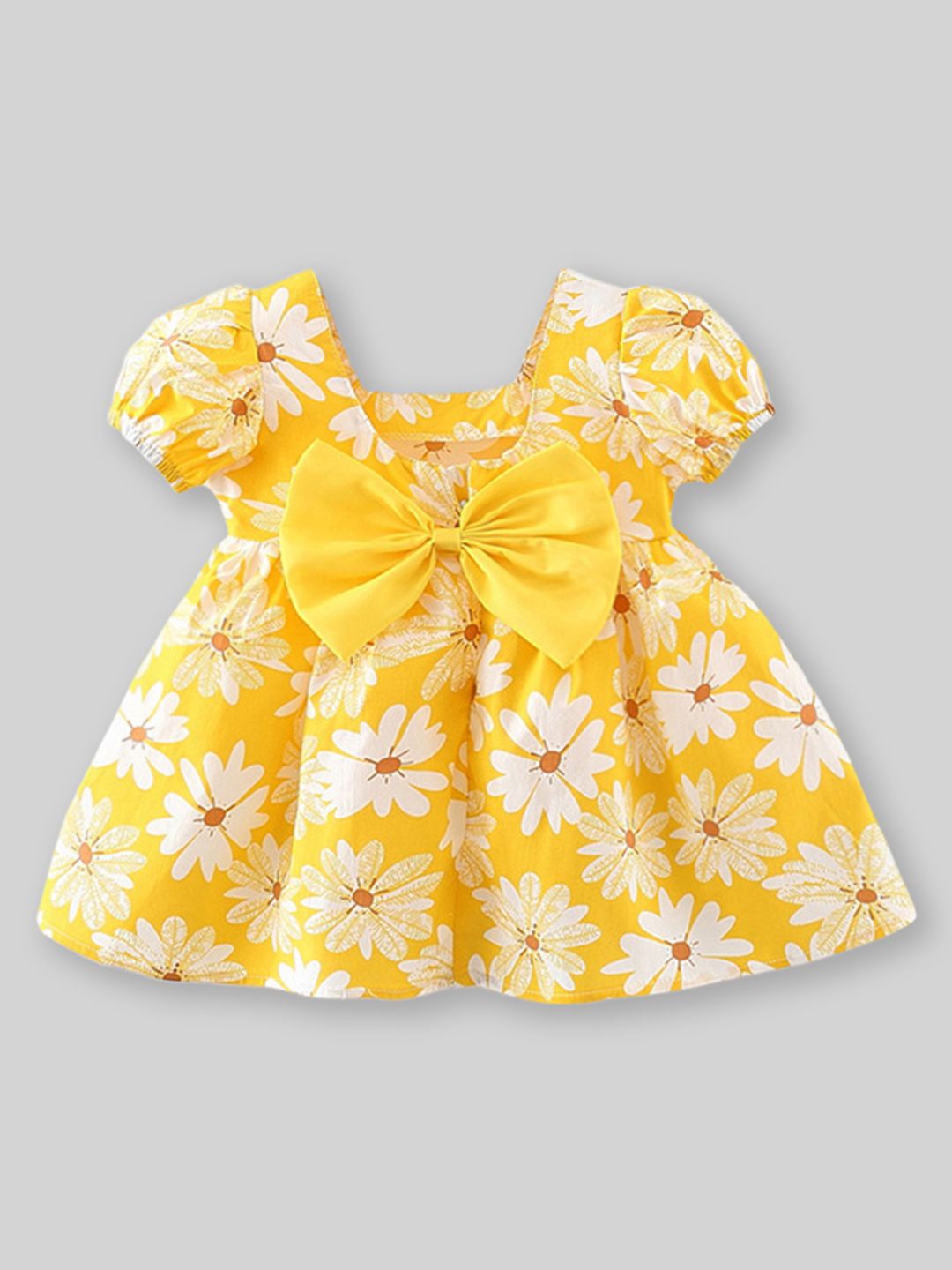 

INCLUD Girls Floral Print Puff Sleeve Fit & Flare Dress With Bow, Yellow