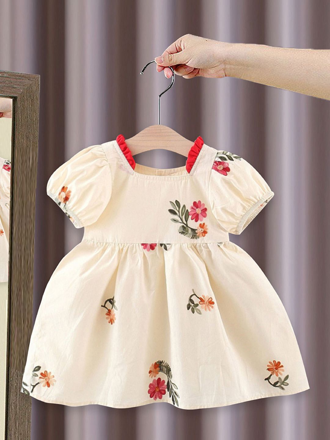 

INCLUD Girls Floral Print Fit & Flare Dress, Off white