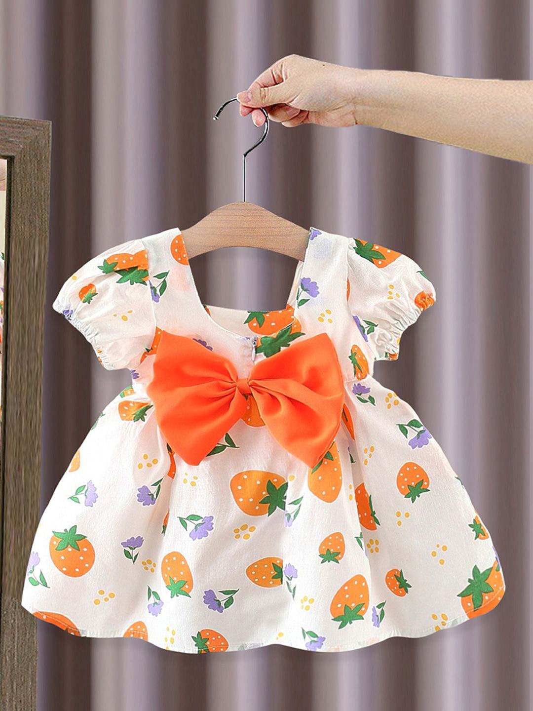 

INCLUD Girls Floral Print Puff Sleeves Fit & Flare Dress, Orange