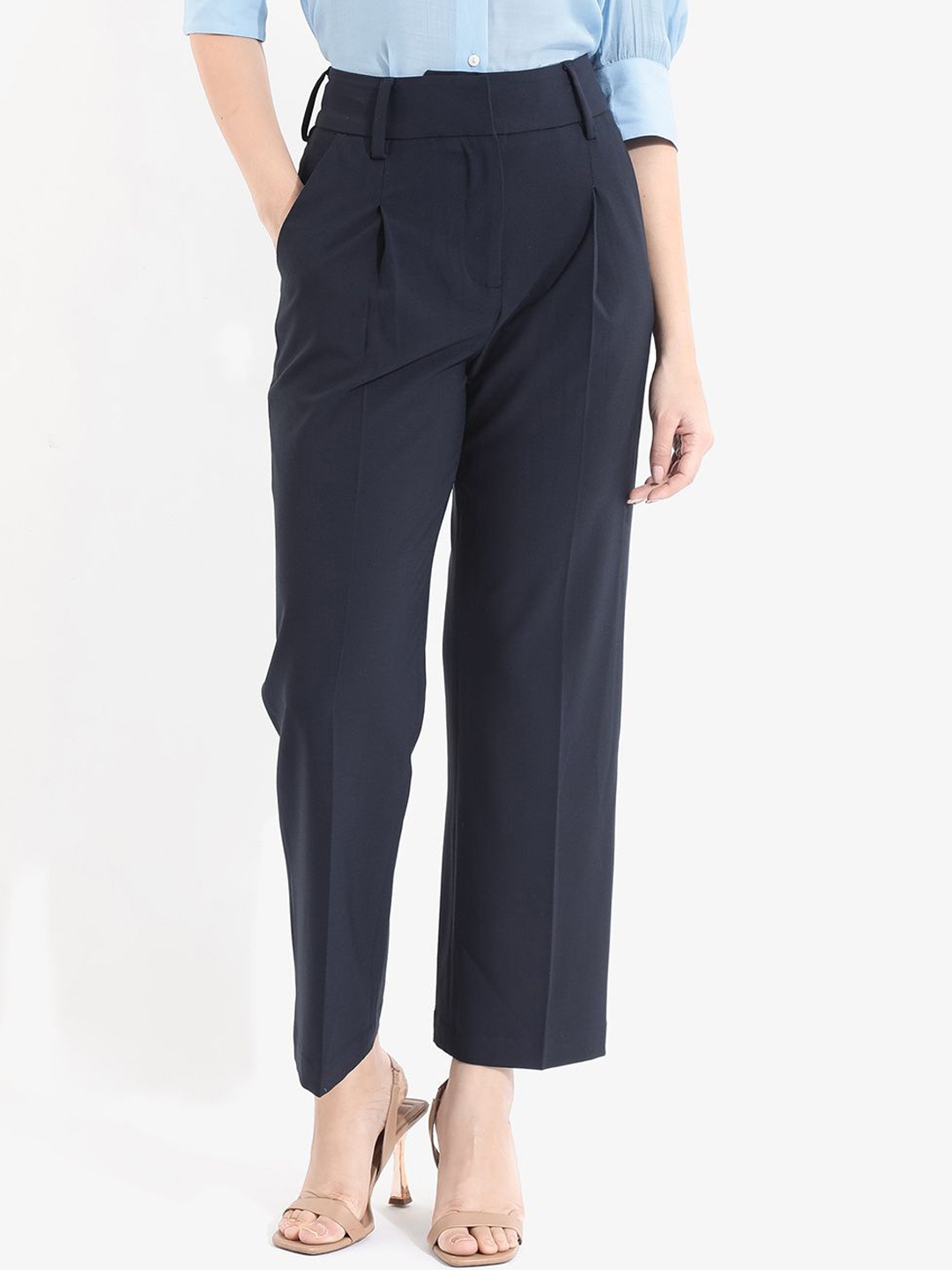 

RAREISM Women Straight Fit High-Rise Trousers, Navy blue