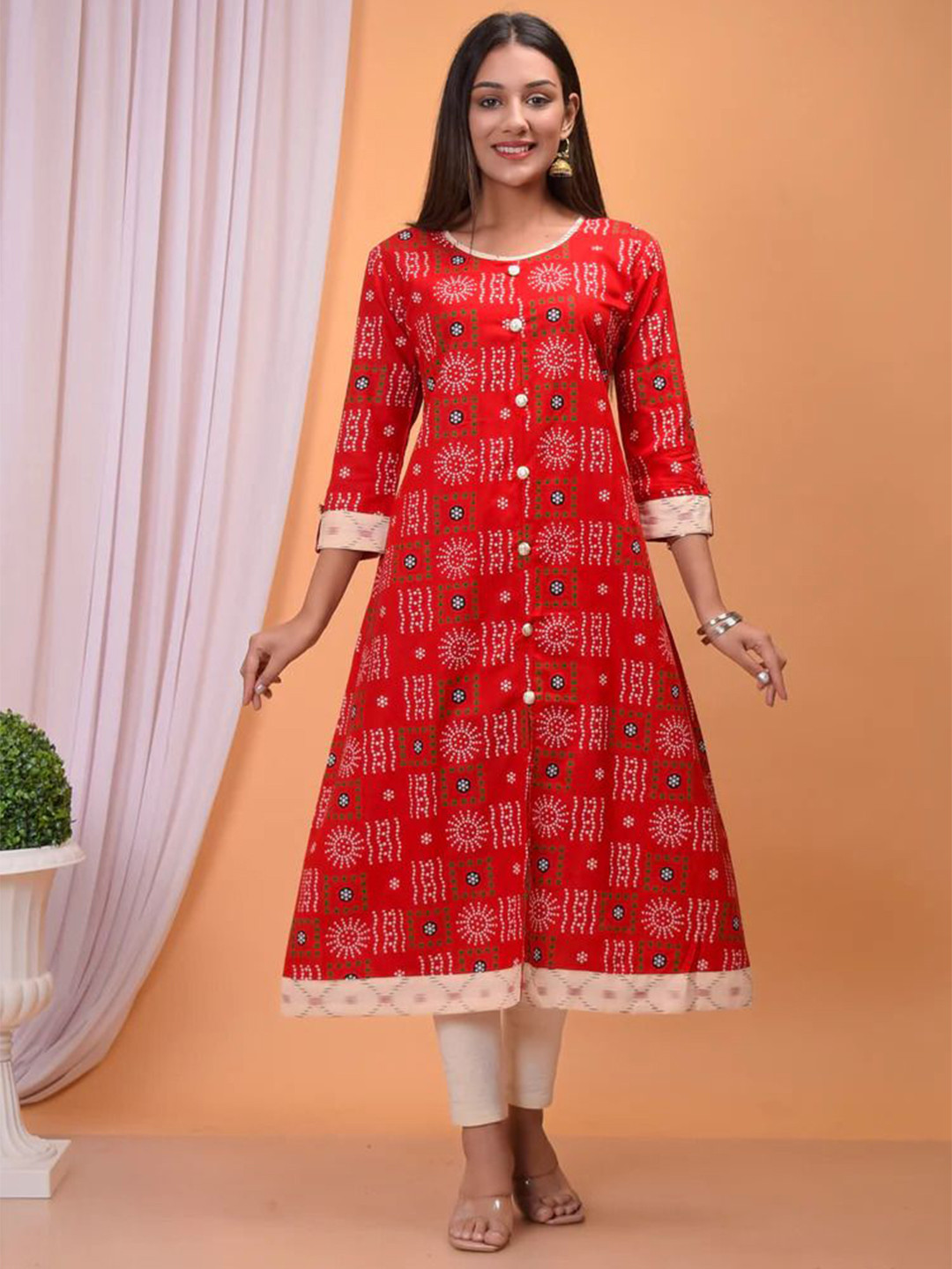

Chaukas Round Neck Printed A-line Kurta, Red