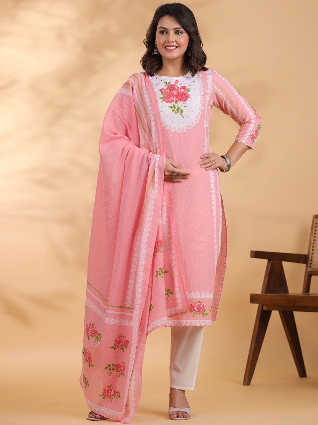 

Readiprint Fashions Floral PrintedPure Cotton Kurta With Palazzos & Dupatta, Pink