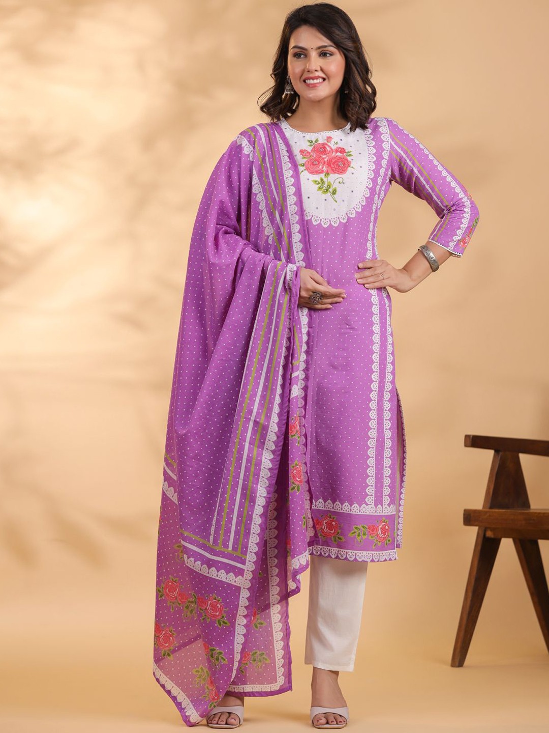 

Readiprint Fashions Floral Printed Cotton Kurta With Palazzos & Dupatta, Mauve