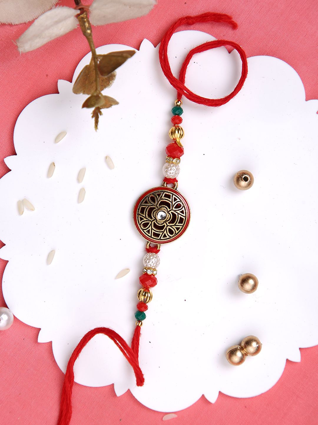 

Aapno Rajasthan Stone Studded & Beaded Rakhi With Roli Chawal, Gold