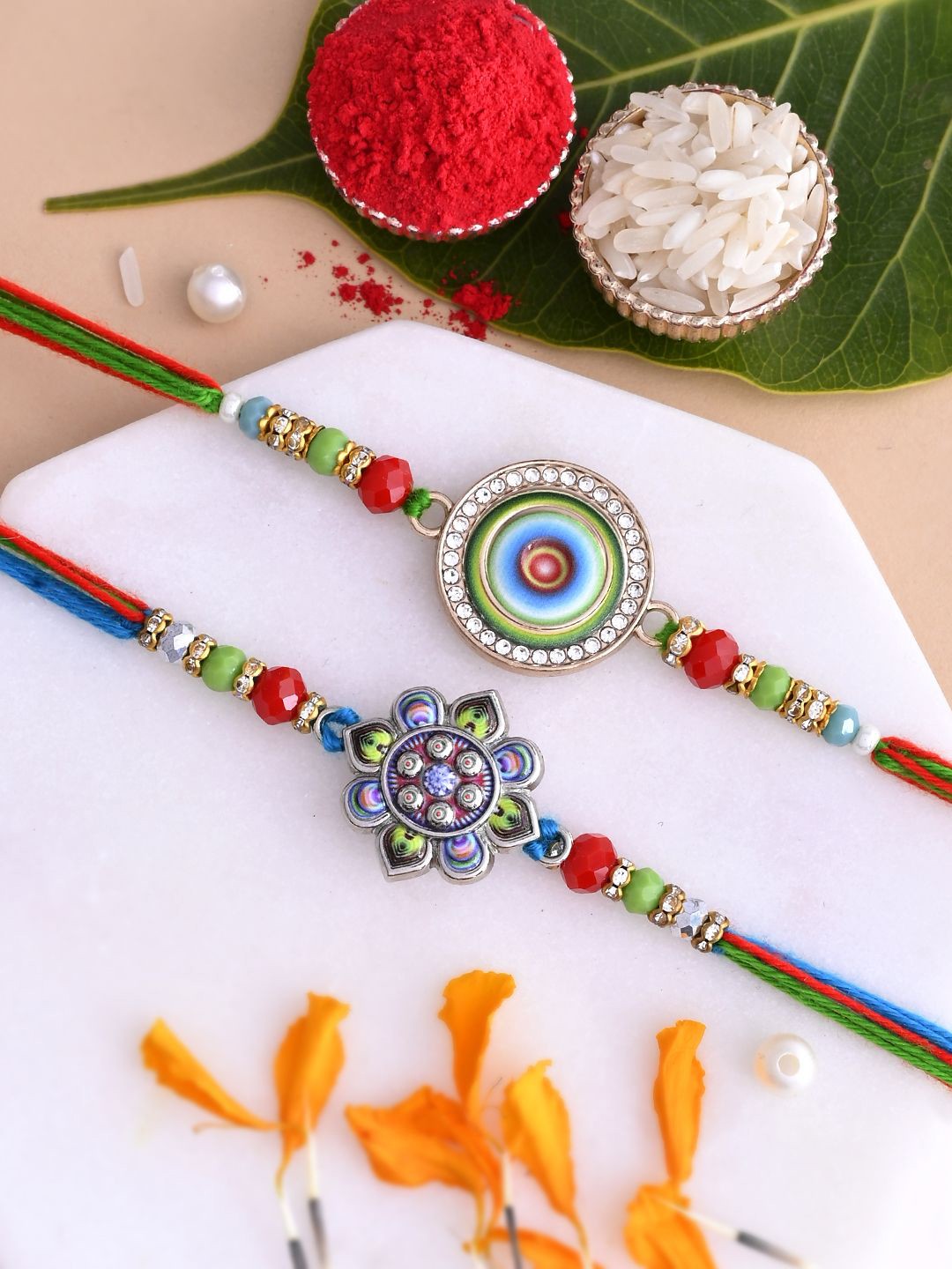 

Aapno Rajasthan Set of 2 Braided & Rudraksh Beaded Rakhi with Roli Chawal & Greeting Card, Green