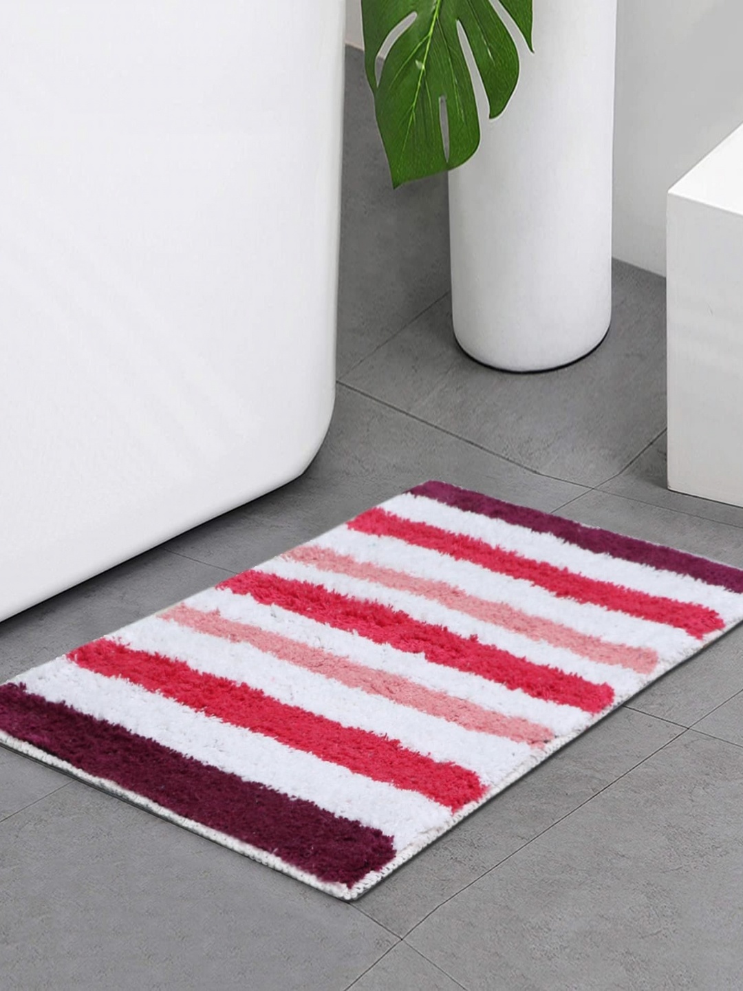 

THE HOME TALK Pink & White 1800 GSM Cotton Striped Bath Rug