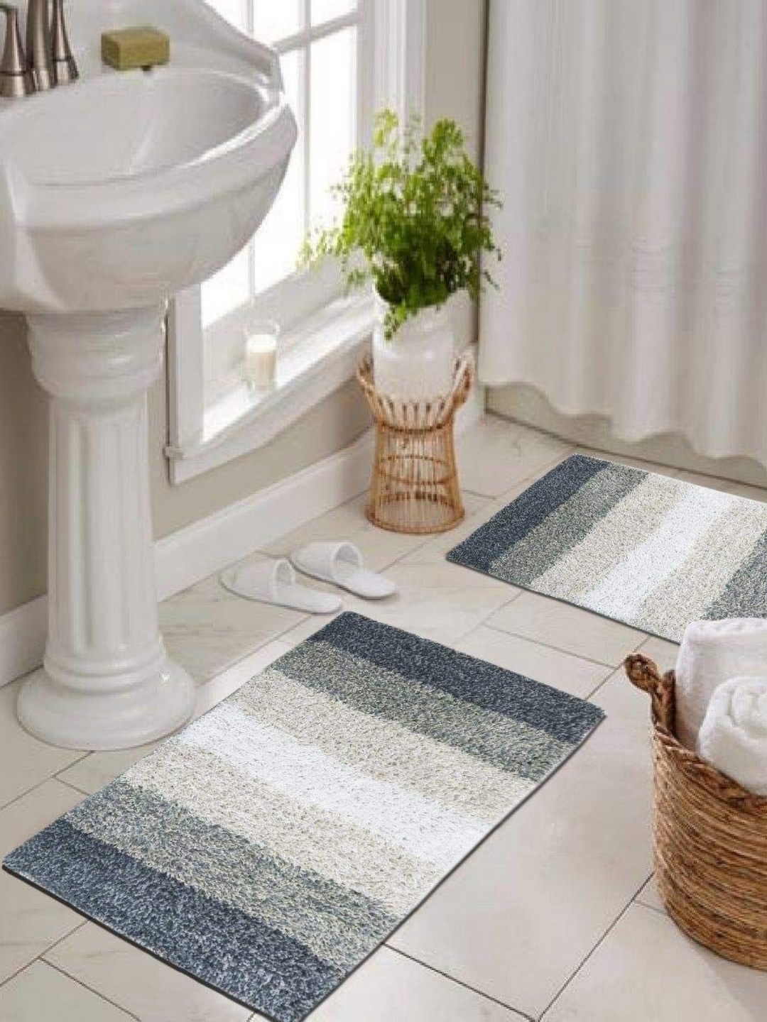 

THE HOME TALK Grey and White 2 Pieces Colourblocked Cotton Anti Skid Bath Rugs