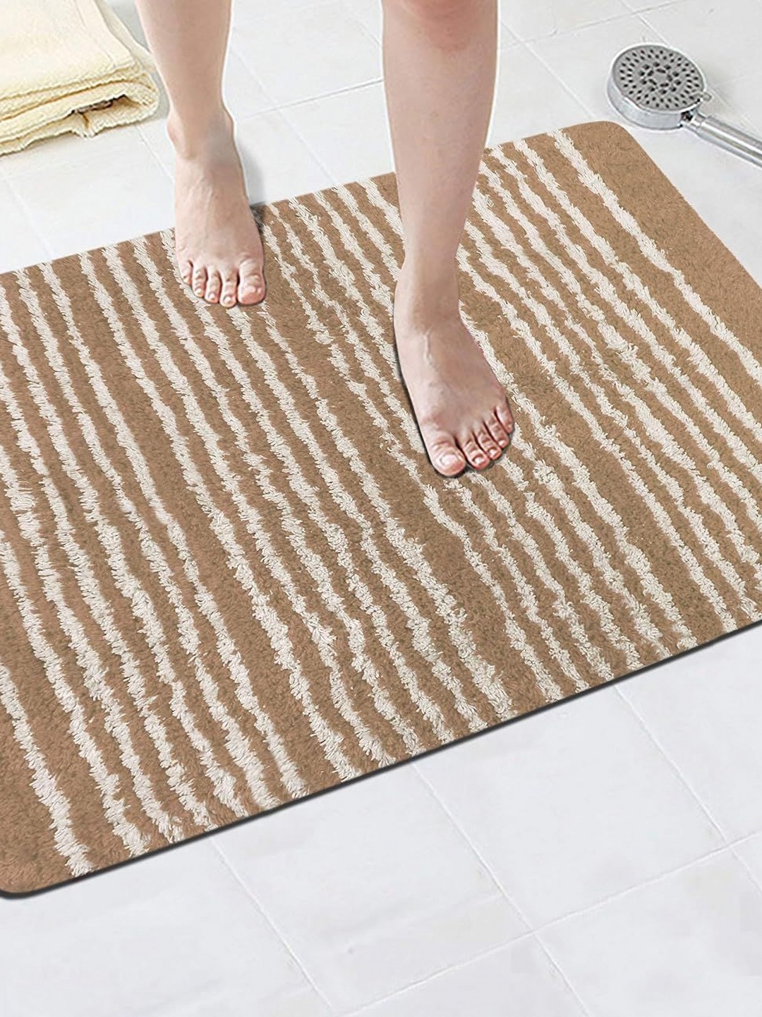 

THE HOME TALK Beige & White Striped Cotton Anti Skid Bath Rugs