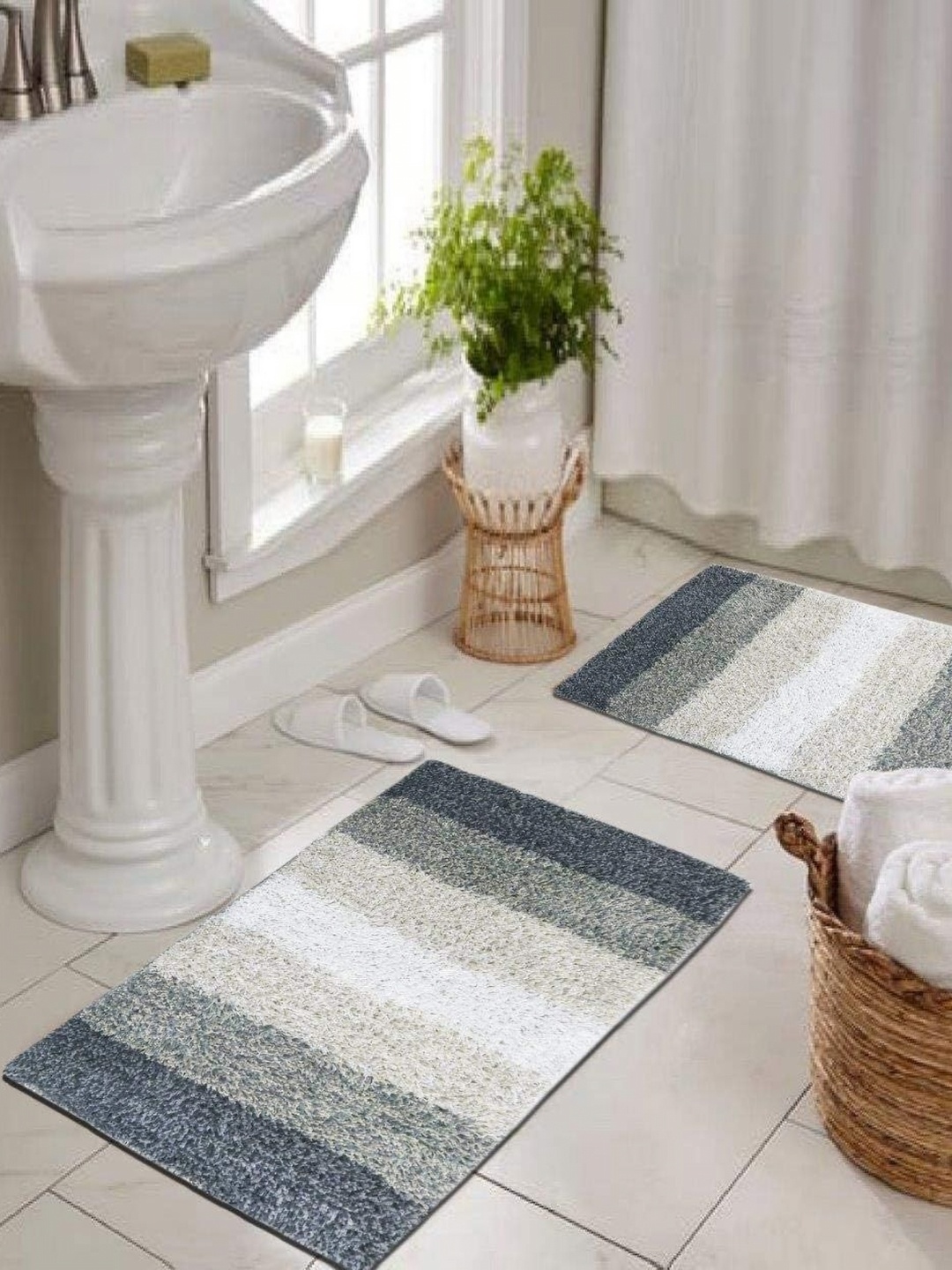 

THE HOME TALK Grey & White 2 Pieces Cotton Anti Skid Bath Rugs