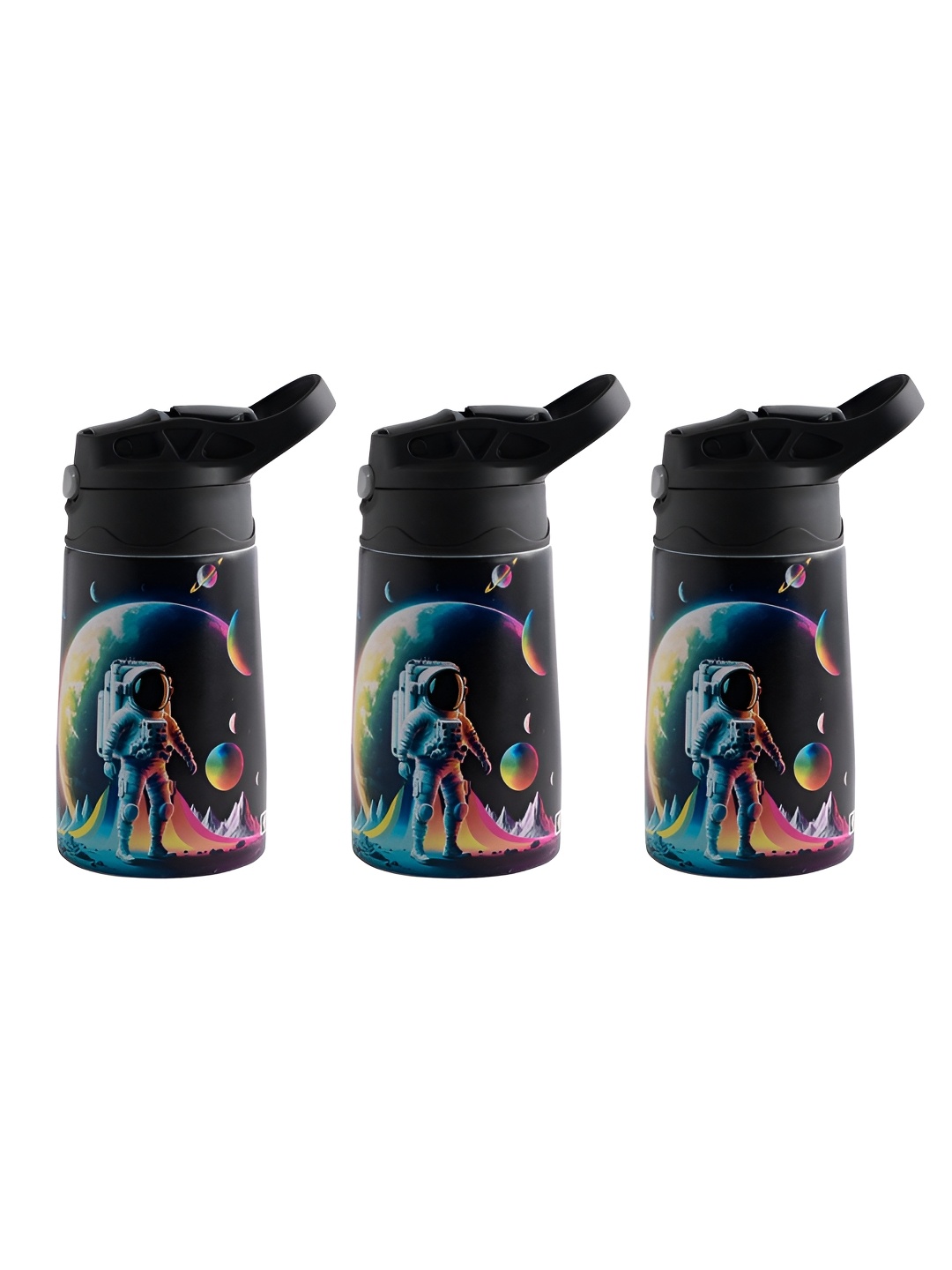

Kuber Industries Black 3 Pieces Printed Stainless Steel Water Bottles 350 ml