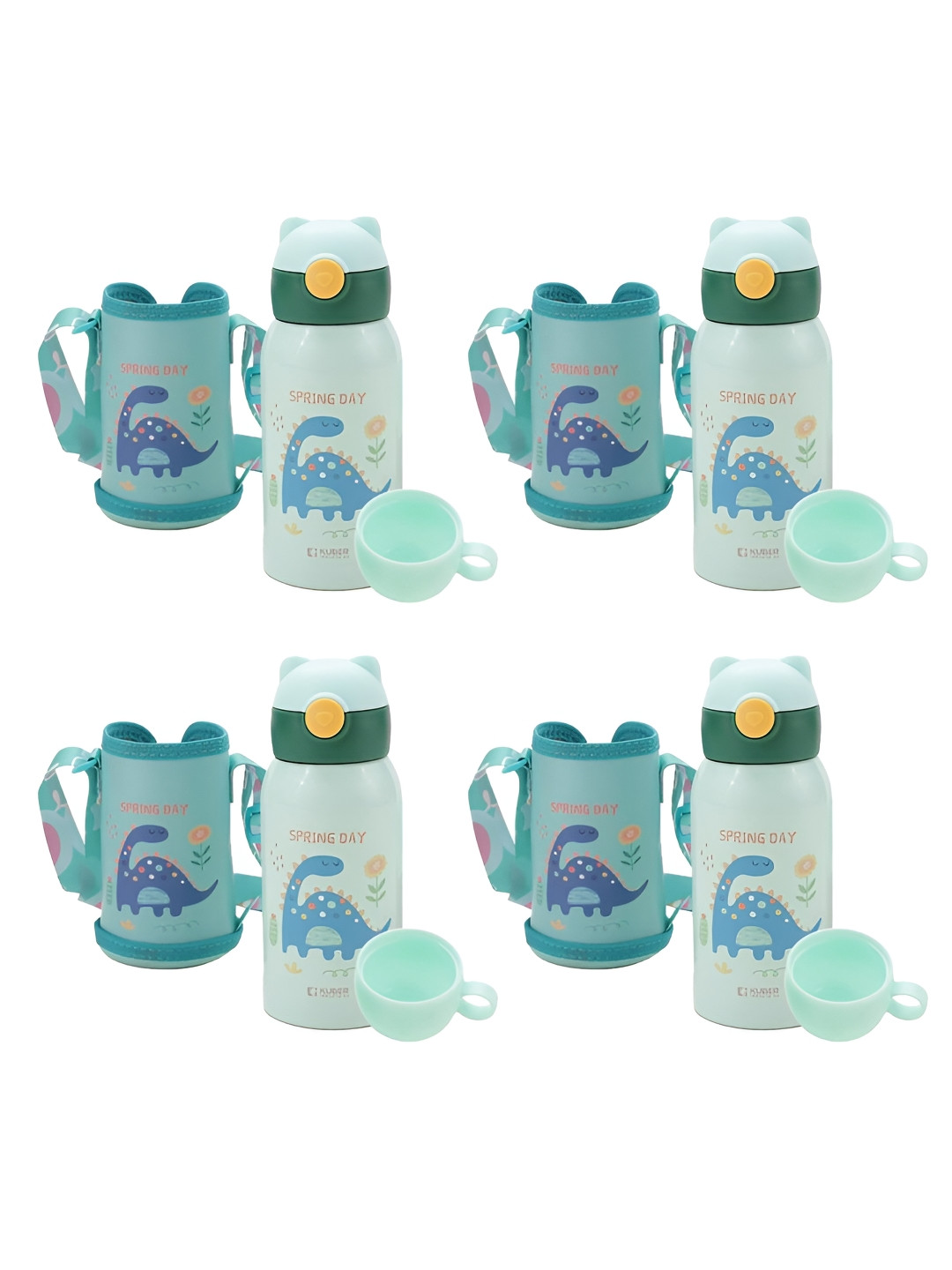 

Kuber Industries Green 4 Pcs Printed Stainless Steel Water Bottles Straw Cup & Cover 500ml
