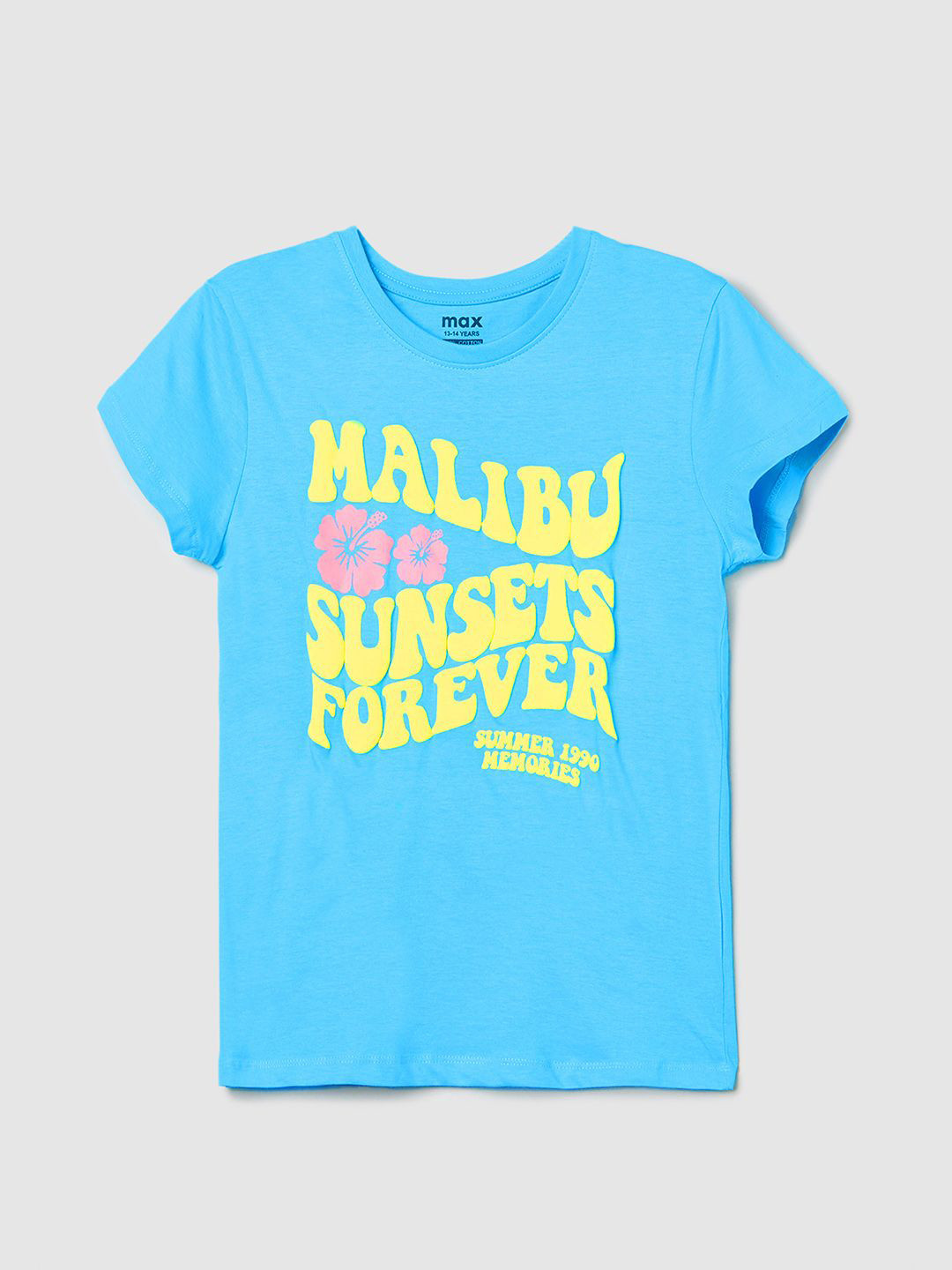

max Girls Typography Printed Round Neck Pure Cotton T-shirt, Blue