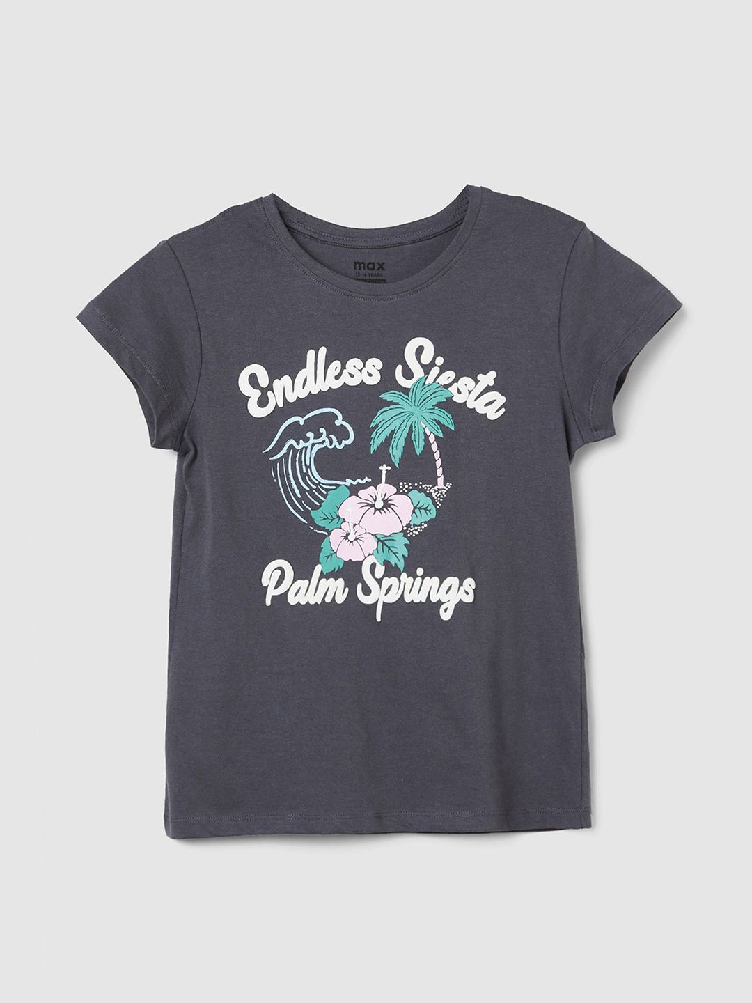 

max Girls Graphic Printed Round Neck Pure Cotton T-shirt, Grey