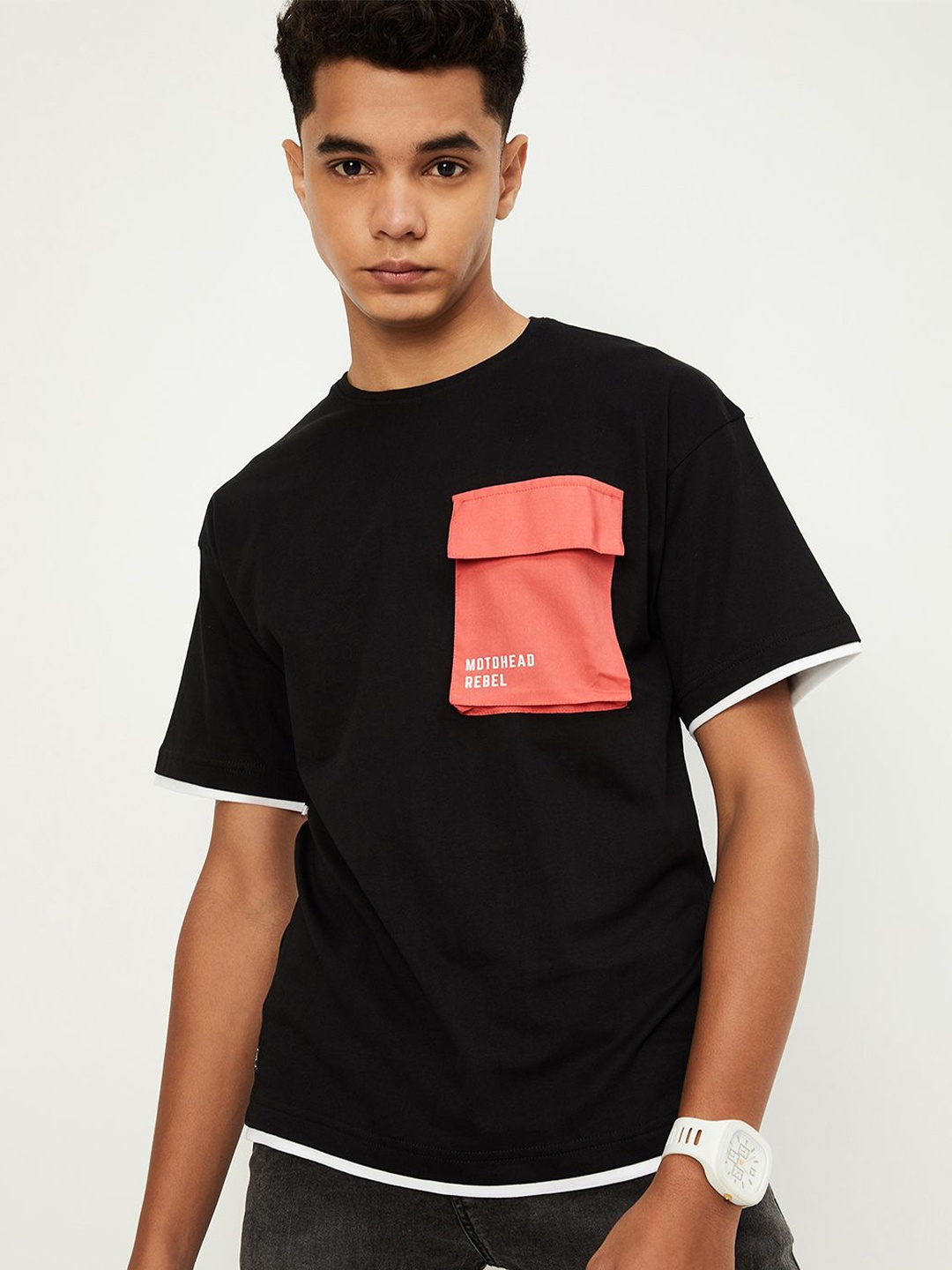 

max Boys Typography Printed Pockets T-shirt, Black