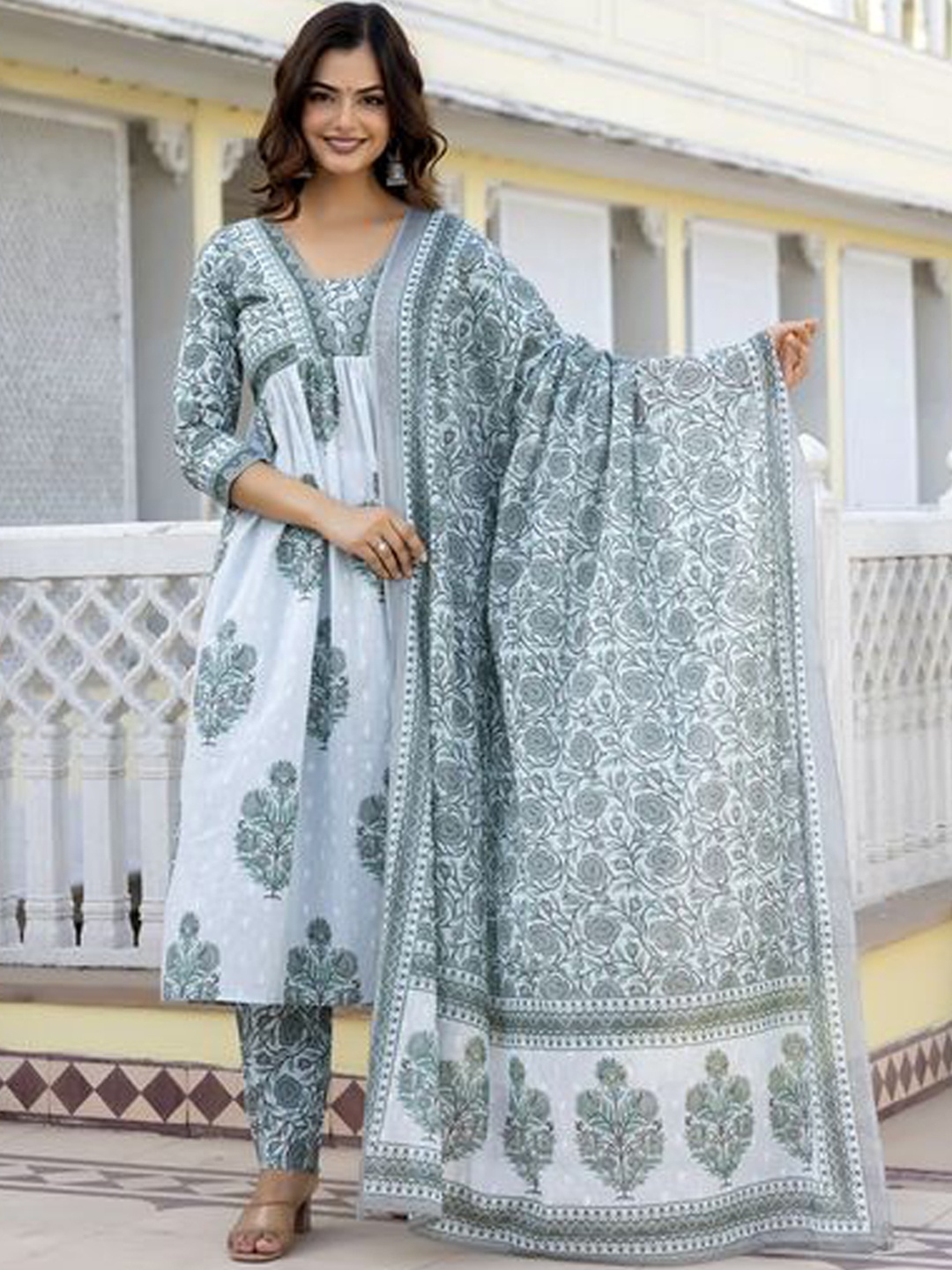 

KALINI Floral Printed Regular Pure Cotton Kurta with Trousers & Dupatta, Green