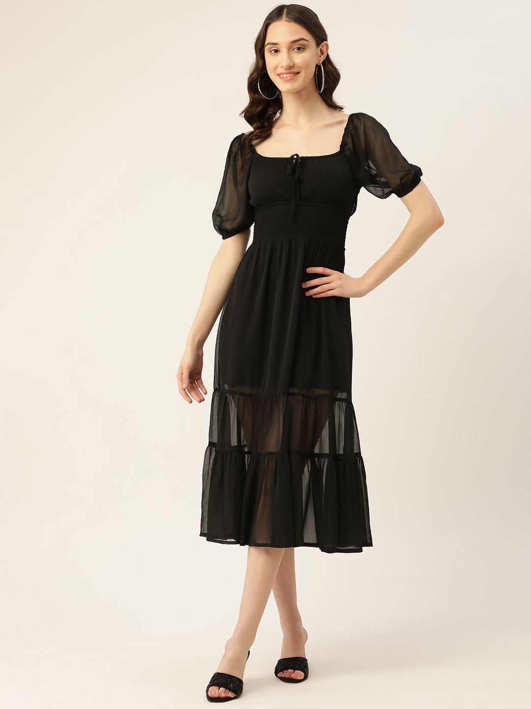 

Rue Collection Women Puff Sleeve Fit & Flare Midi Dress, Black