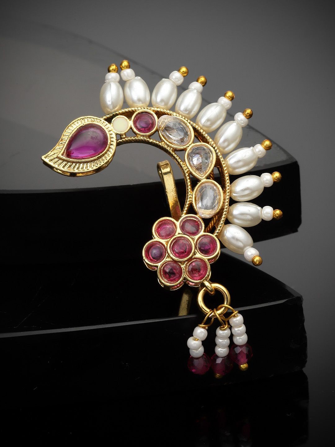 

Sanjog Gold-Plated Kundan Pearl Ruby AD-Studded Press-On Nosepin