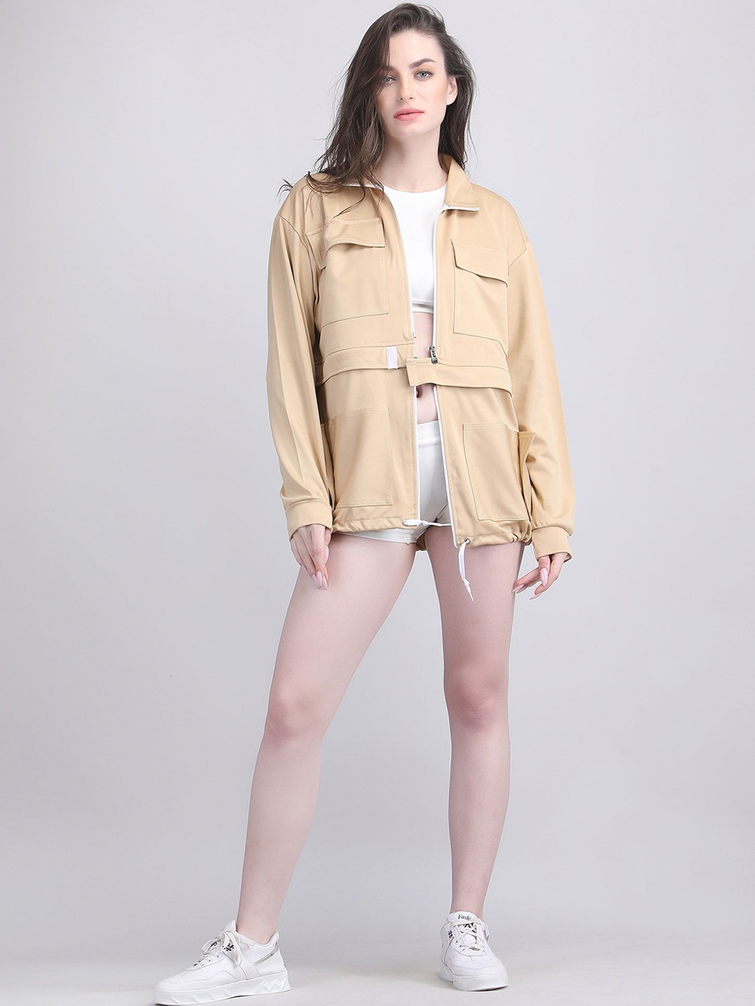 

Raxedo Women Solid Lightweight Longline Jacket, Beige