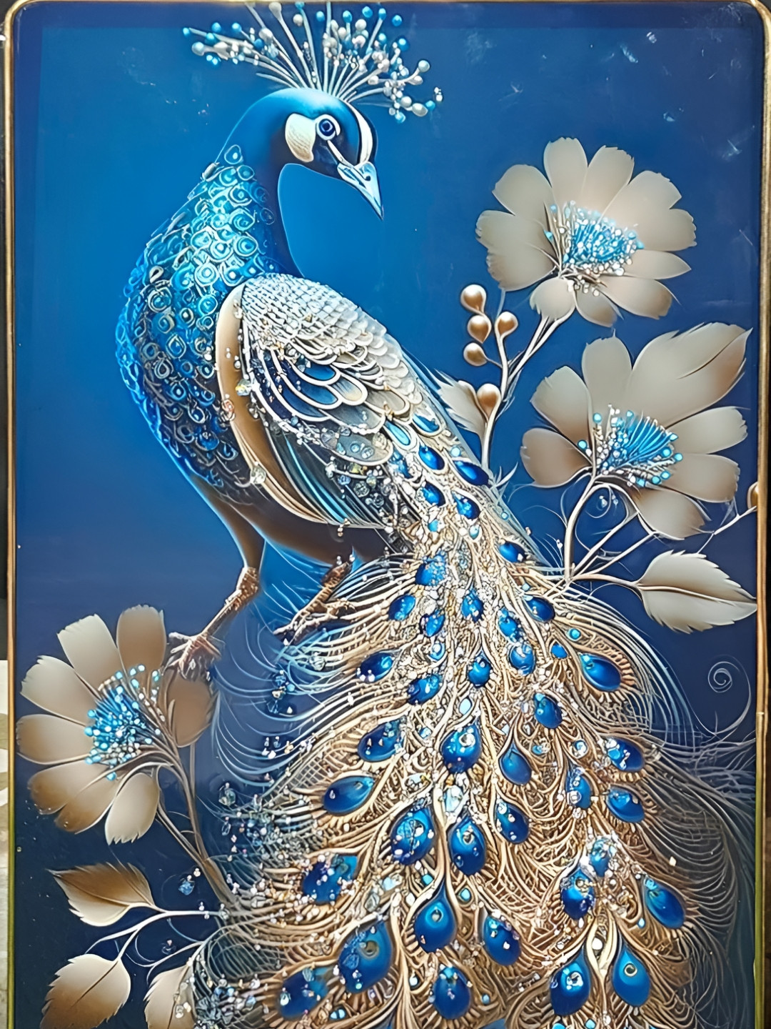 

KAYRA DECOR 5D Painting Wall Deoration Golden Frame Peacock Wall Art, Blue