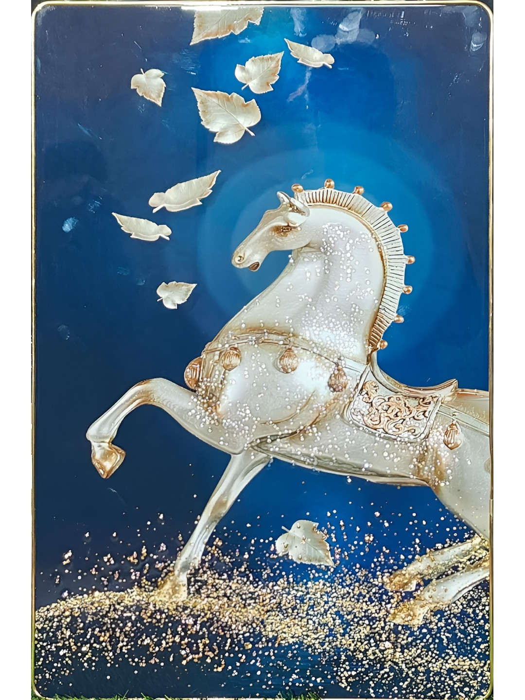 

KAYRA DECOR 5D Painting Wall Decoration Golden Frame White Horse Wall Art, Blue
