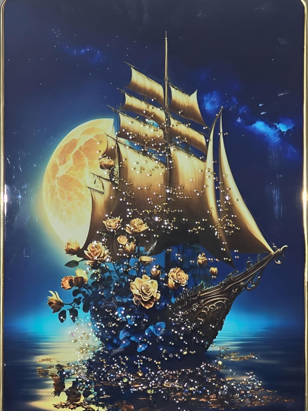 

KAYRA DECOR Blue 5D Painting Wall Deoration Golden Frame Ship Wall Art