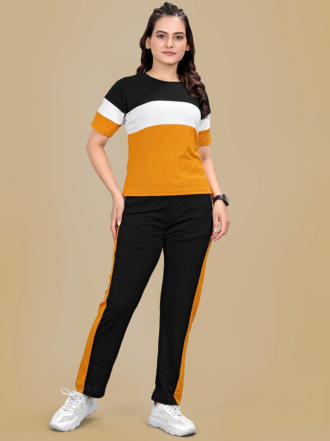 

SAKARMAA Women Striped Mid Rise Tracksuit, Yellow