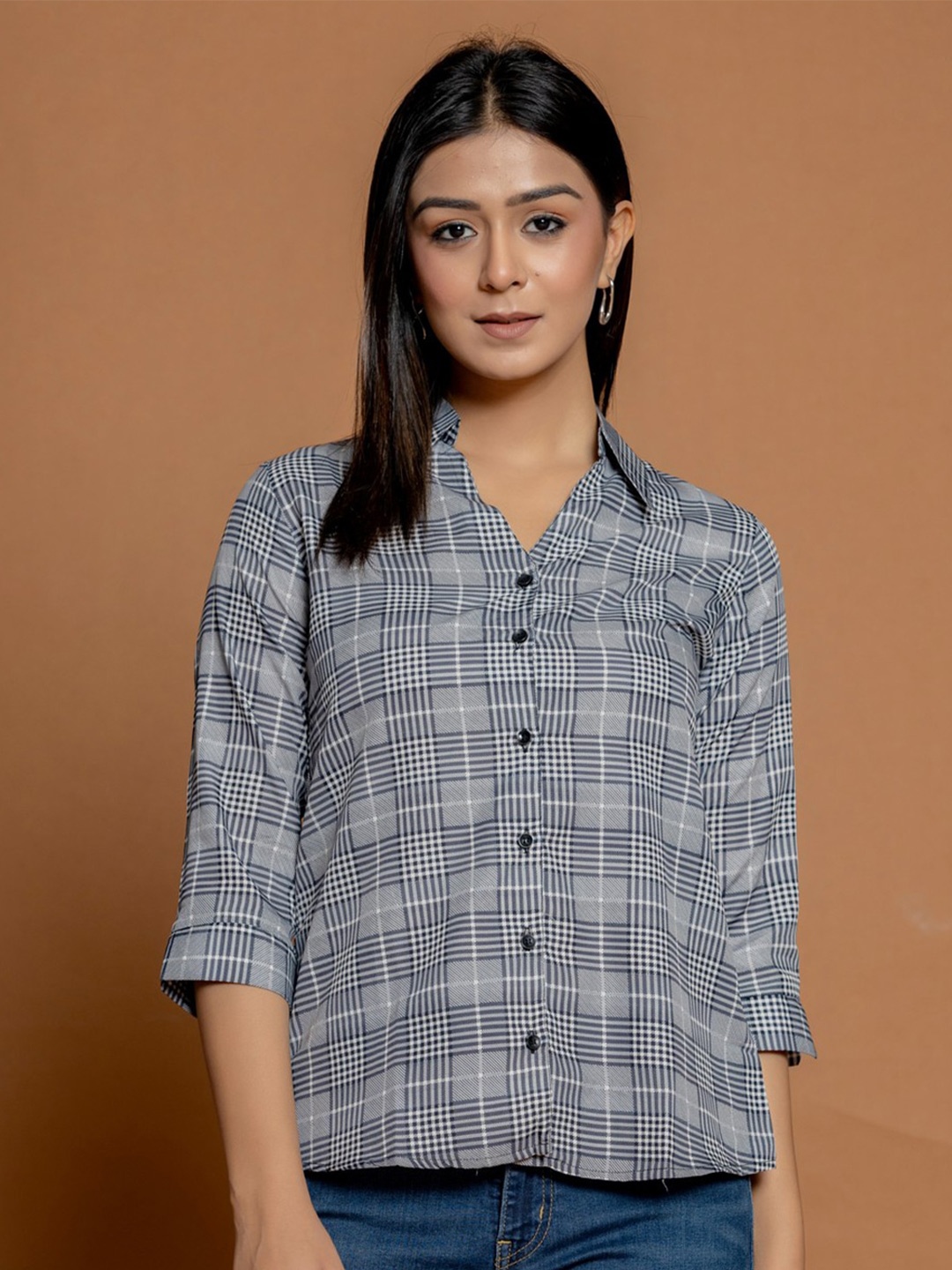 

Aanys Culture Women Spread Collar Checked Casual Shirt, Grey