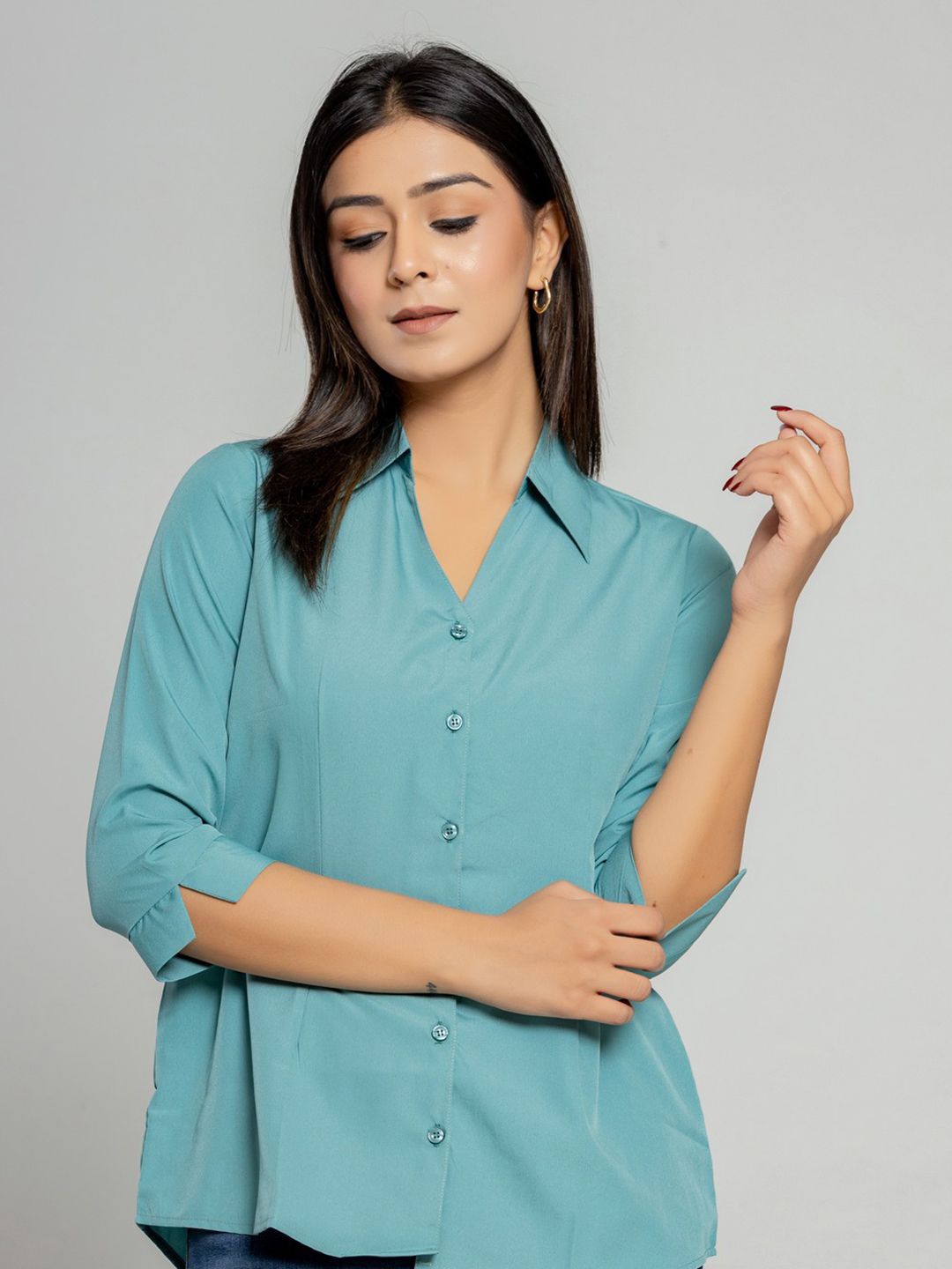 

Aanys Culture Women Spread Collar Solid Casual Shirt, Sea green