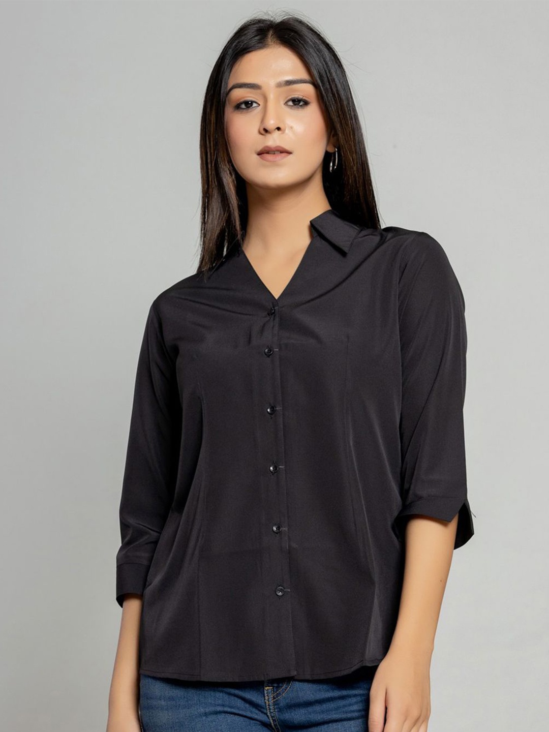 

Aanys Culture Women Spread Collar Solid Casual Shirt, Black