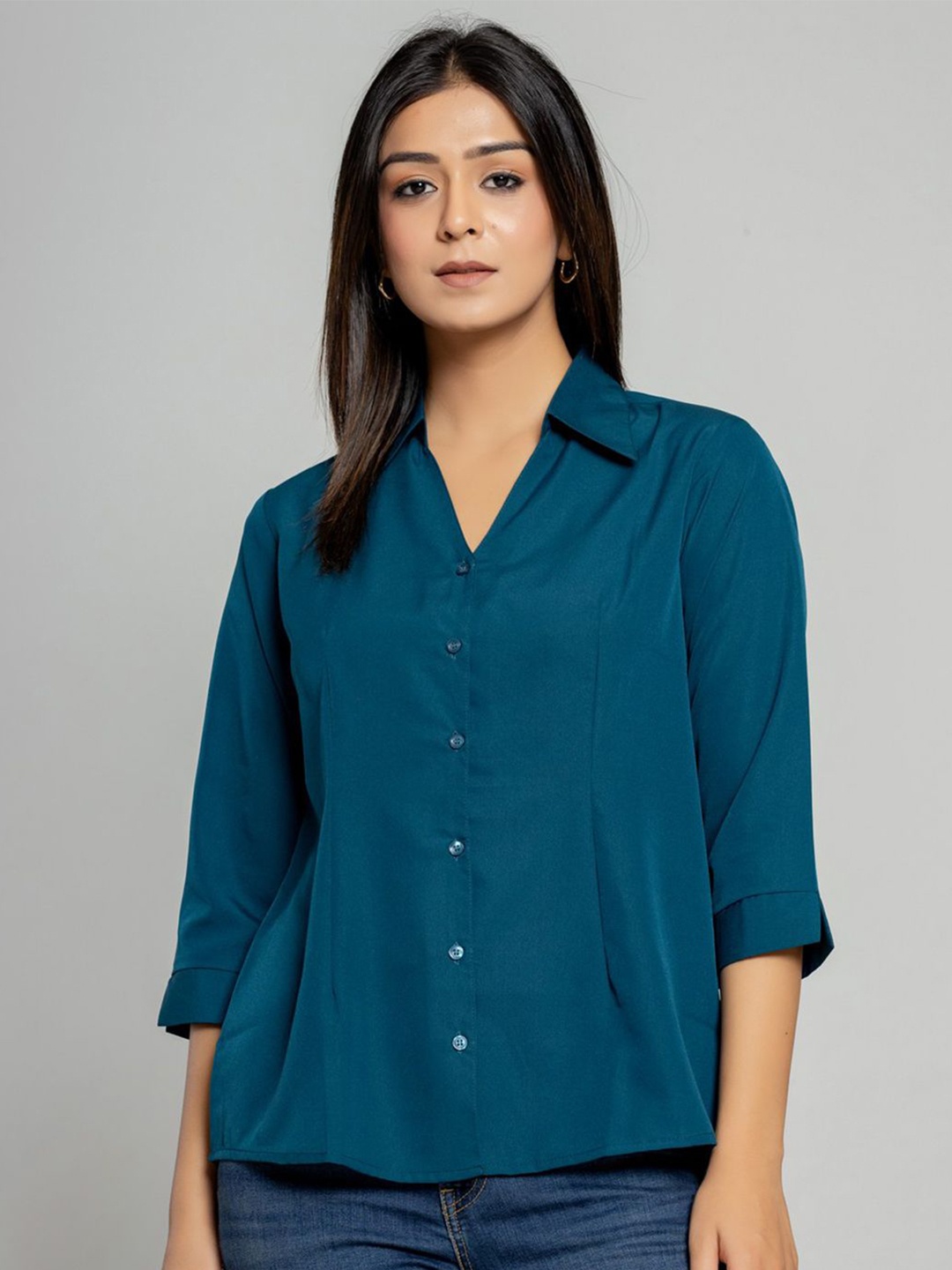 

Aanys Culture Women Spread Collar Solid Casual Shirt, Blue