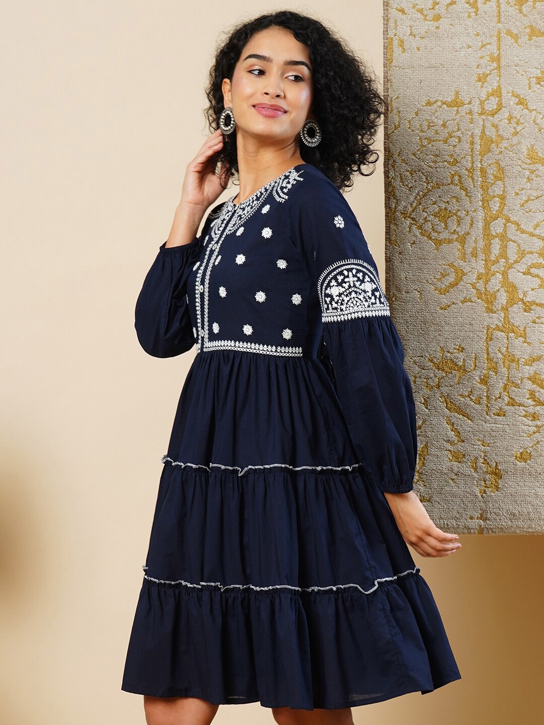 

Globus Embroidered Neck Bishop Sleeve Tiered Fusion A-line Dress, Navy blue