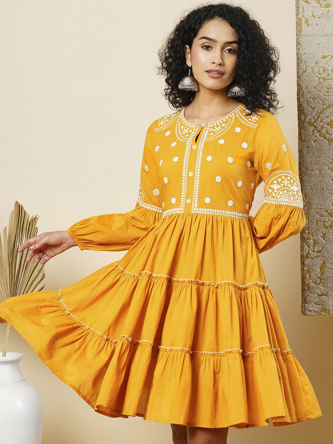 

Globus Embroidered Neck Bishop Sleeve Tiered Fusion A-line Dress, Mustard