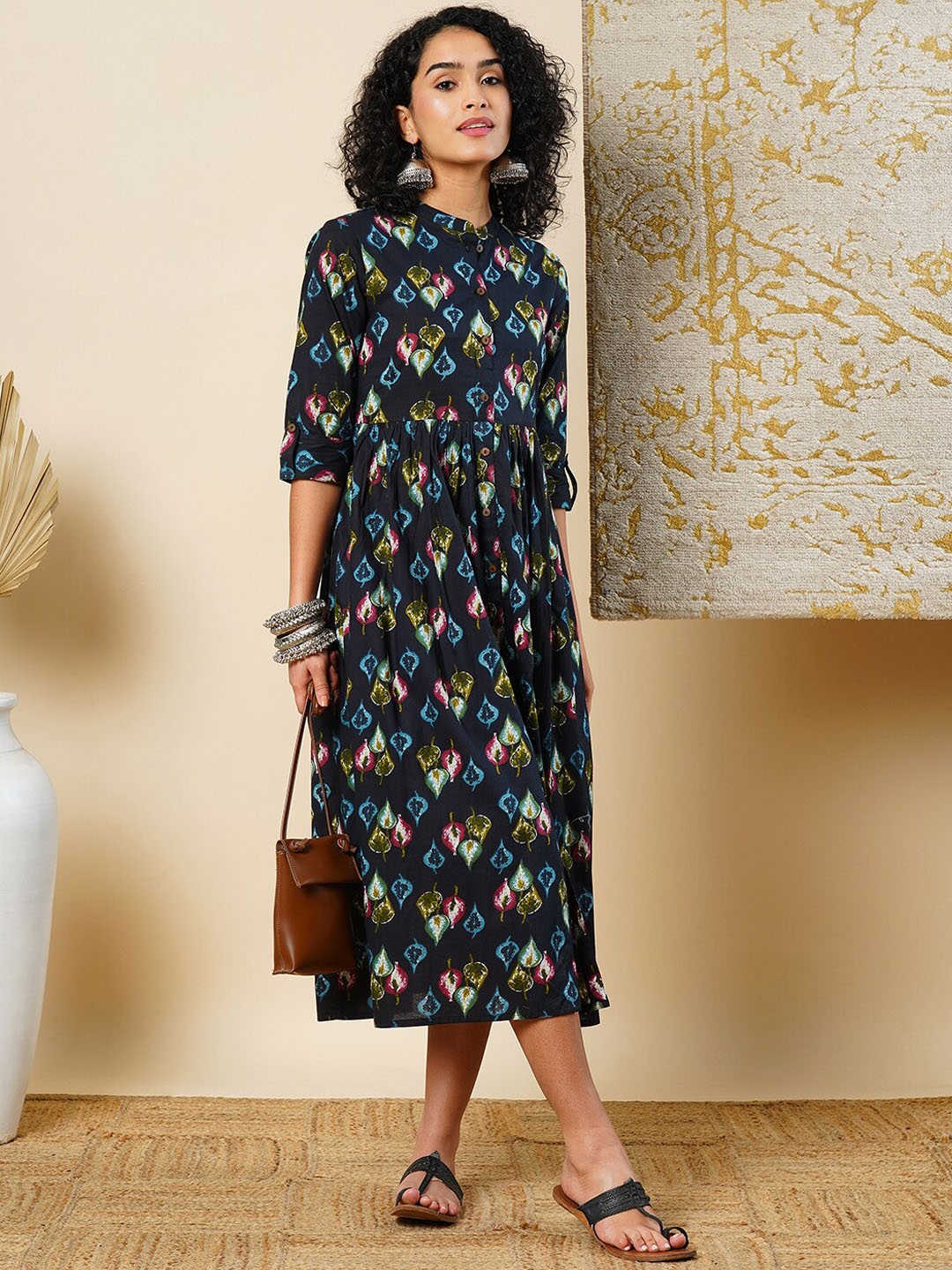 

Globus All Over Printed Collar Button A-Line Midi Ethnic Dress, Black