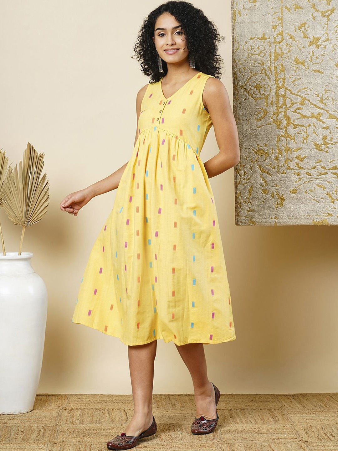 

Globus Self-Design A-line Midi Dress, Yellow
