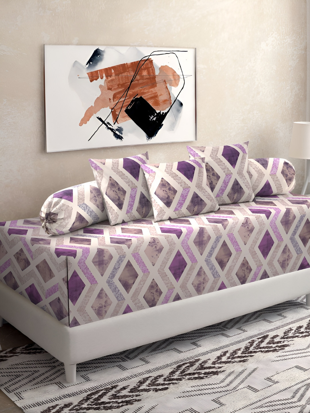 

KLOTTHE Purple & White 6 Pieces Geometric Printed Pure Cotton Diwan Set