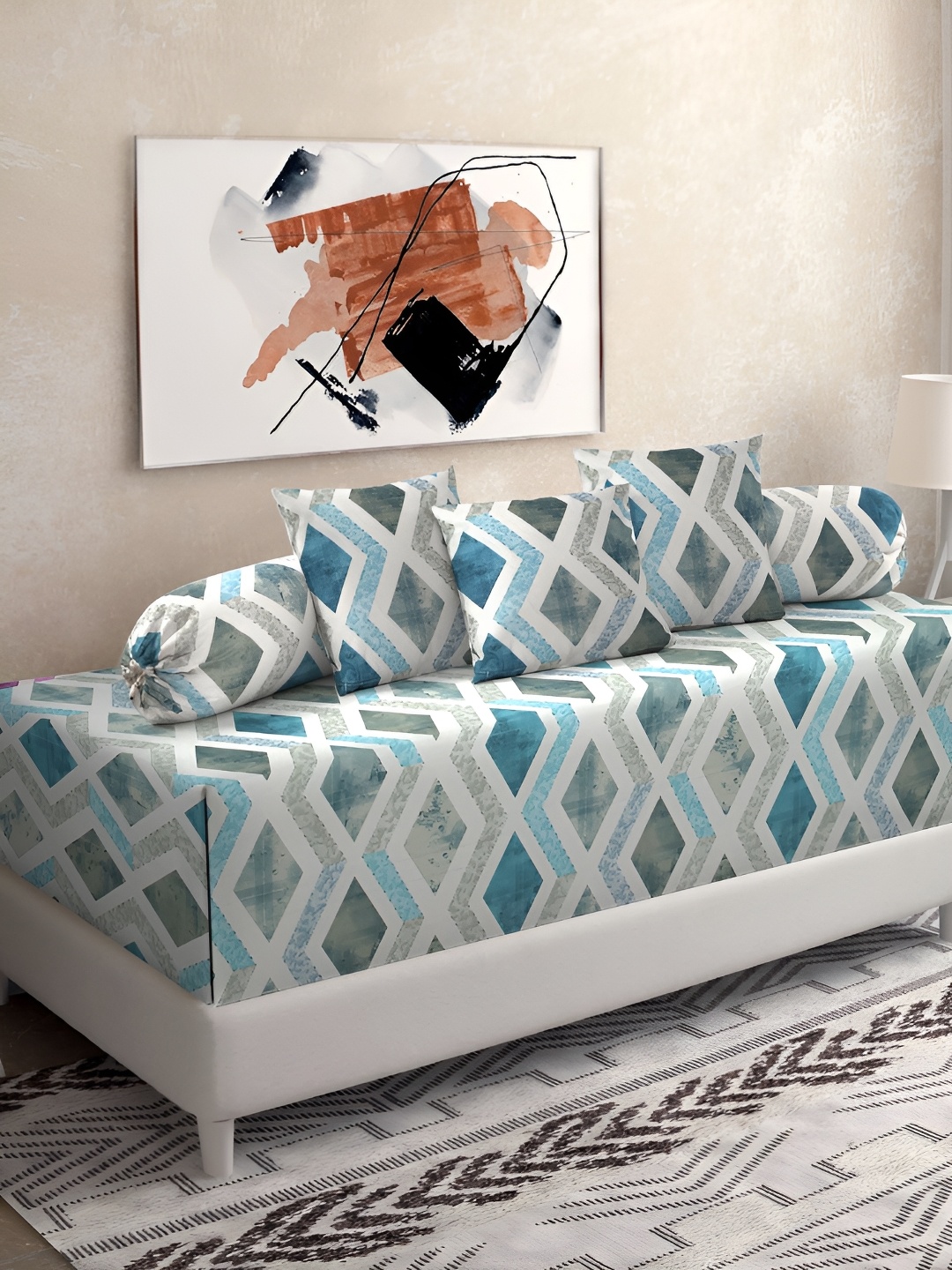 

KLOTTHE Blue & White 6 Pieces Geometric Printed Pure Cotton Diwan Set