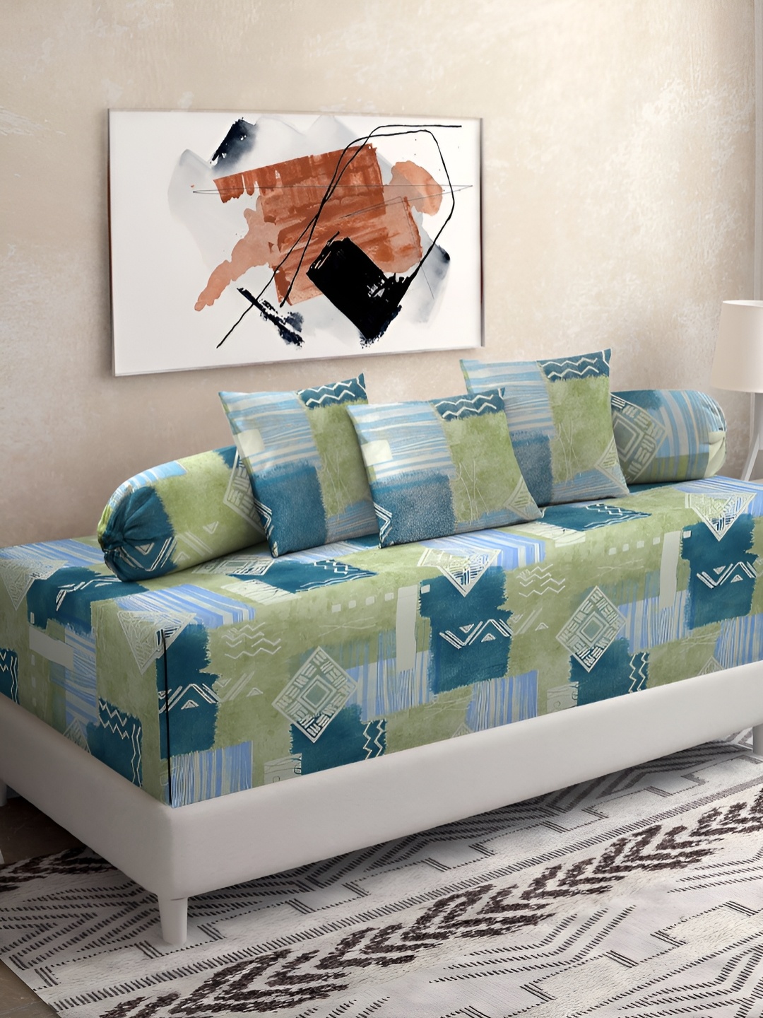 

KLOTTHE Green & Blue 6 Pieces Geometric Printed Pure Cotton Diwan Set