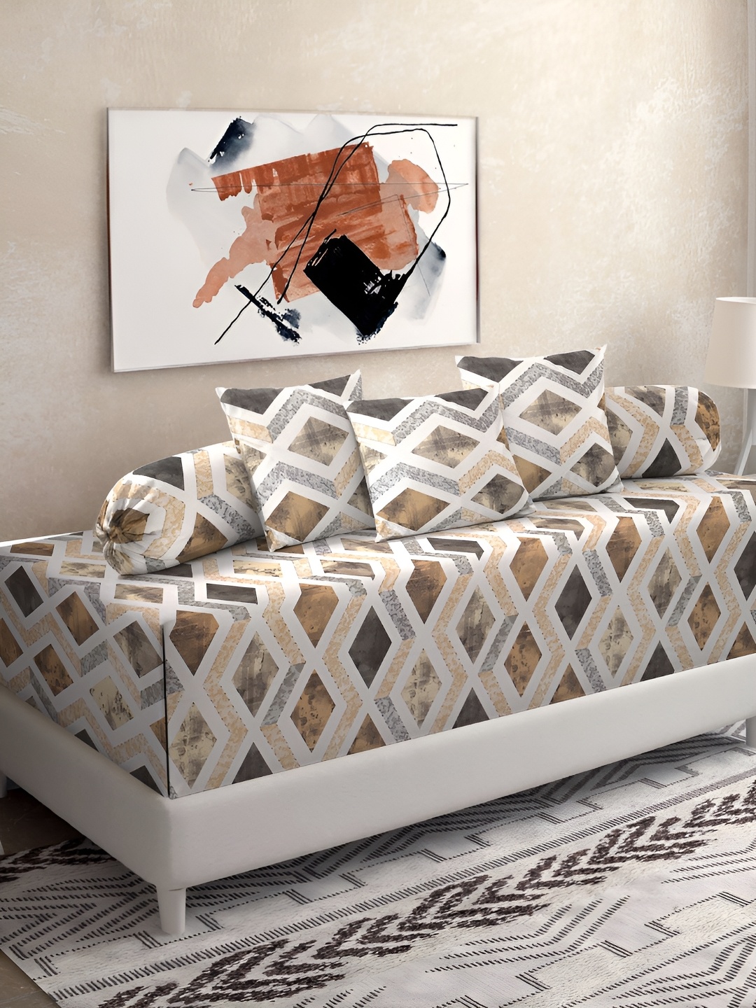 

KLOTTHE Beige & White 6 Pieces Geometric Printed Pure Cotton Diwan Set