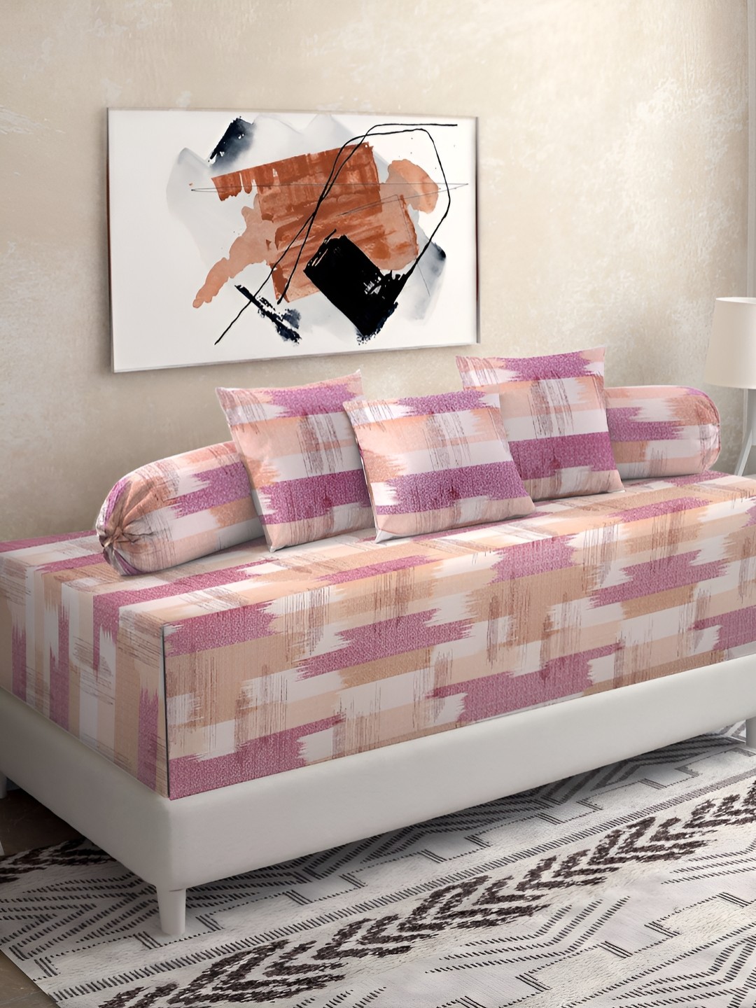 

KLOTTHE Pink & White 6 Pieces Geometric Printed Pure Cotton Diwan Set